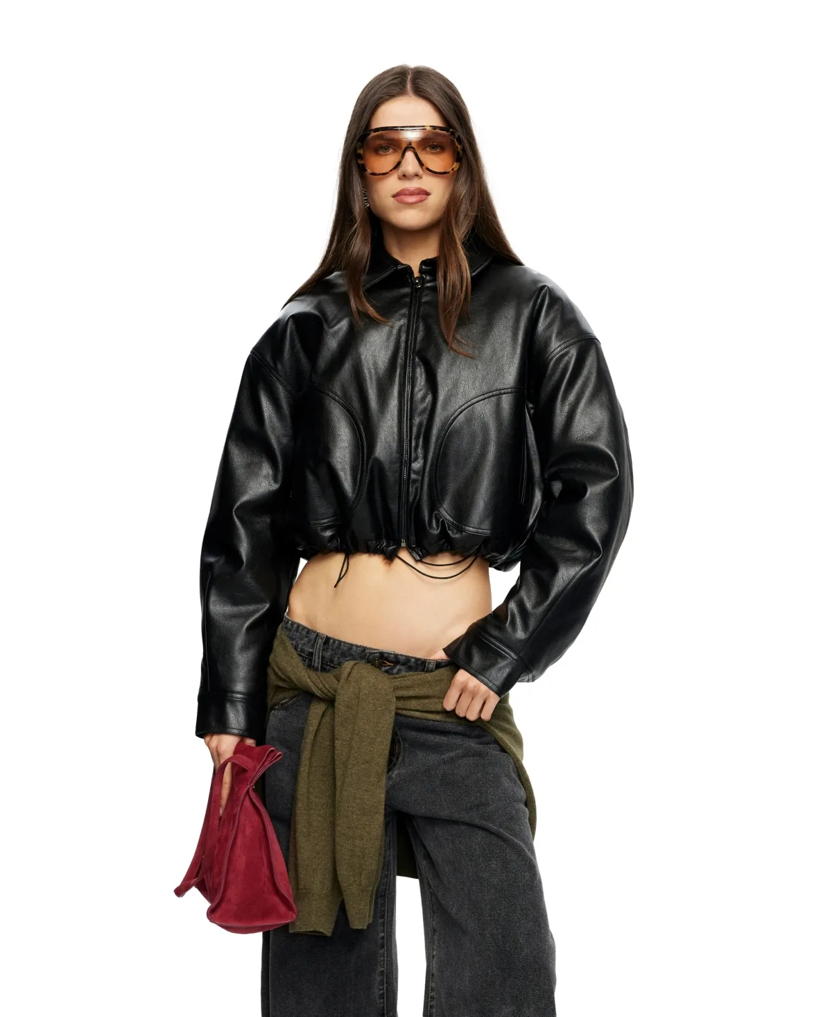 Hudson Cropped Faux-Leather Polo-Collar Bomber Jacket by Lioness