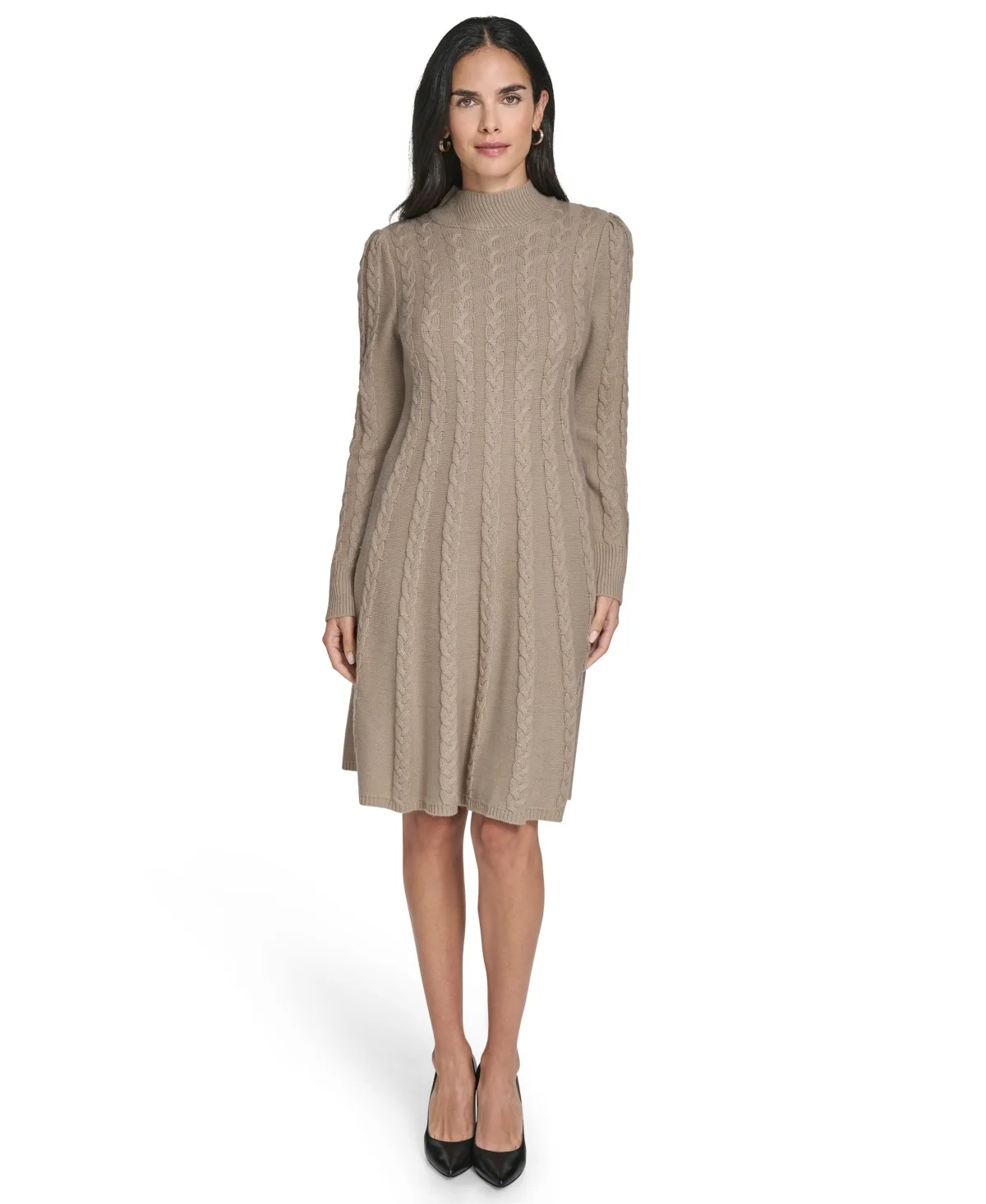Long-Sleeve Cable Fit & Flare Mock Neck Knee Length Dress