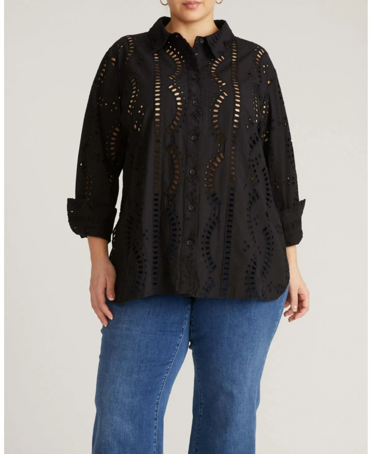 Oversized Embroidered Eyelet Long-Sleeve Button-Down Shirt by Universal Standard