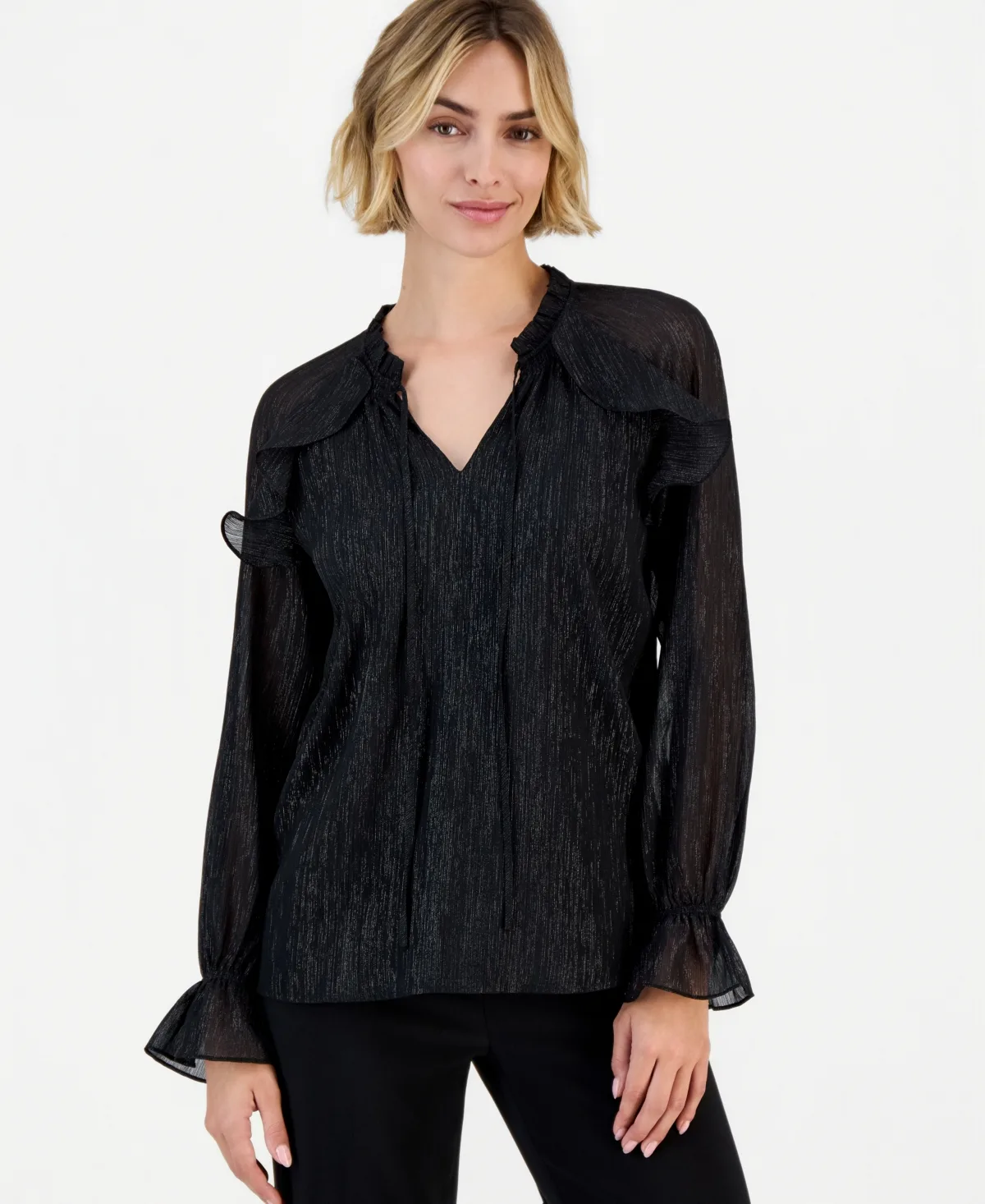 Ruffle Raglan Long-Sleeve V-Neck Chiffon Blouse by Anne Klein
