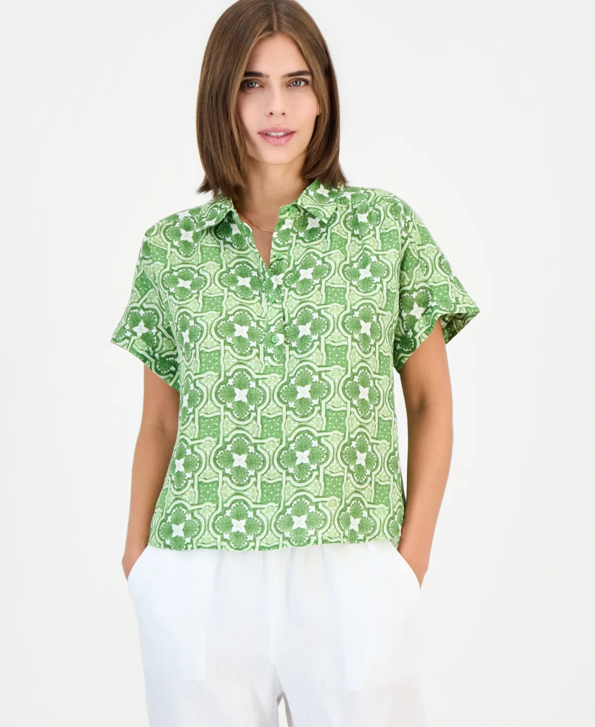 Cap-Sleeve 100% Linen Popover Top by Charter Club