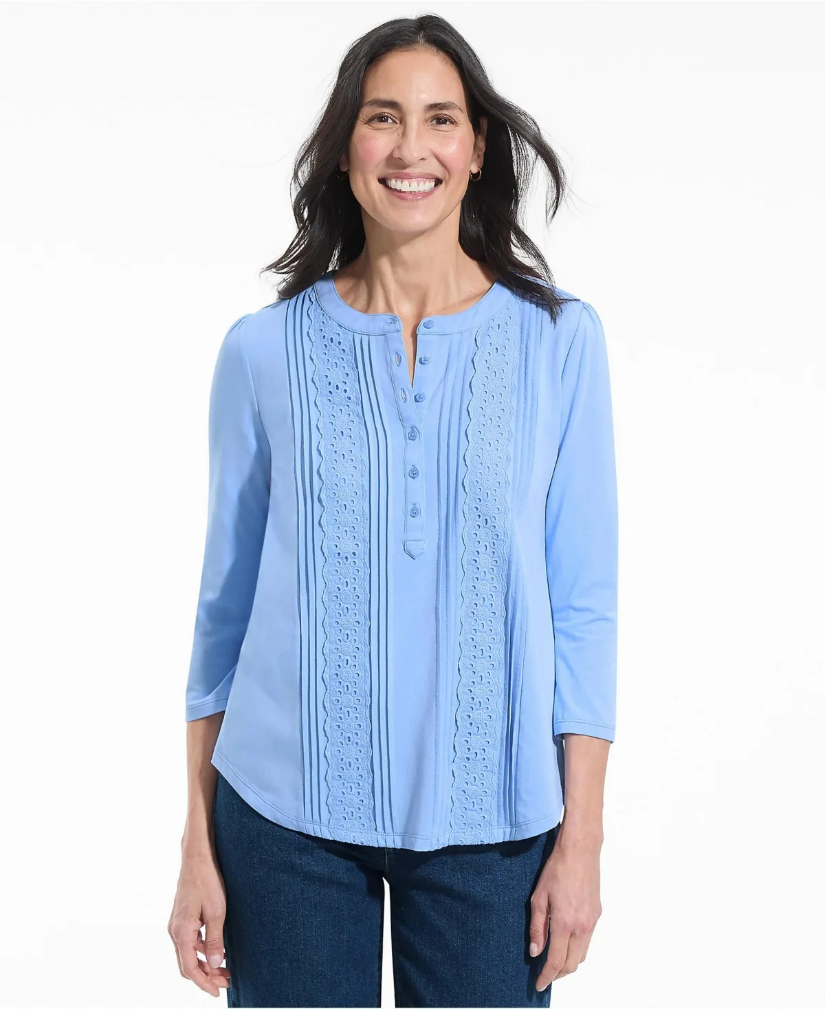 Mandarin Collar Pintuck Lace Trim 3/4-Sleeve Top by Lands' End