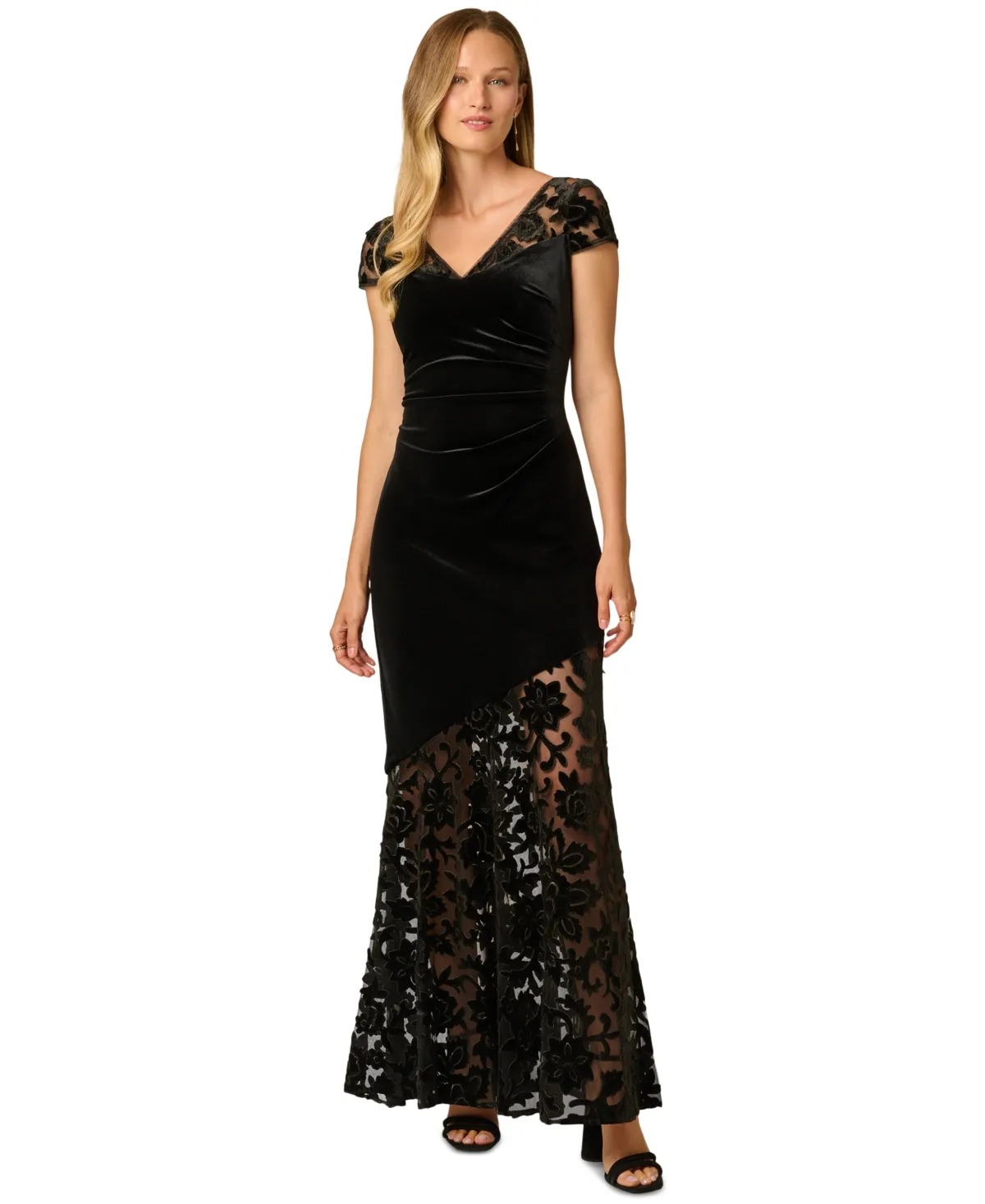 V-Neck Velvet Floral-Print Gown by Adrianna Papell