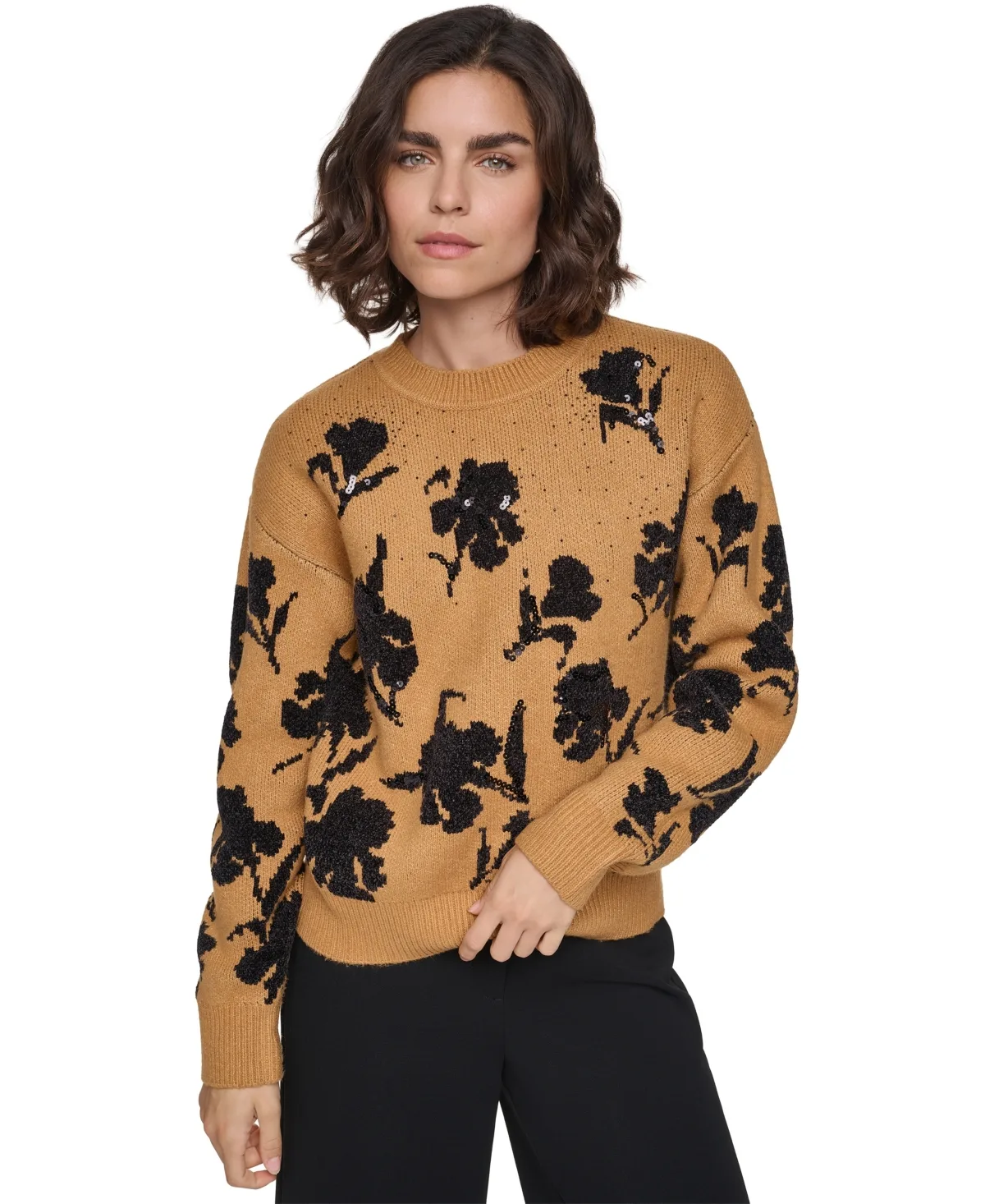 Floral Sequin Crewneck Pullover Sweater by Karl Lagerfeld