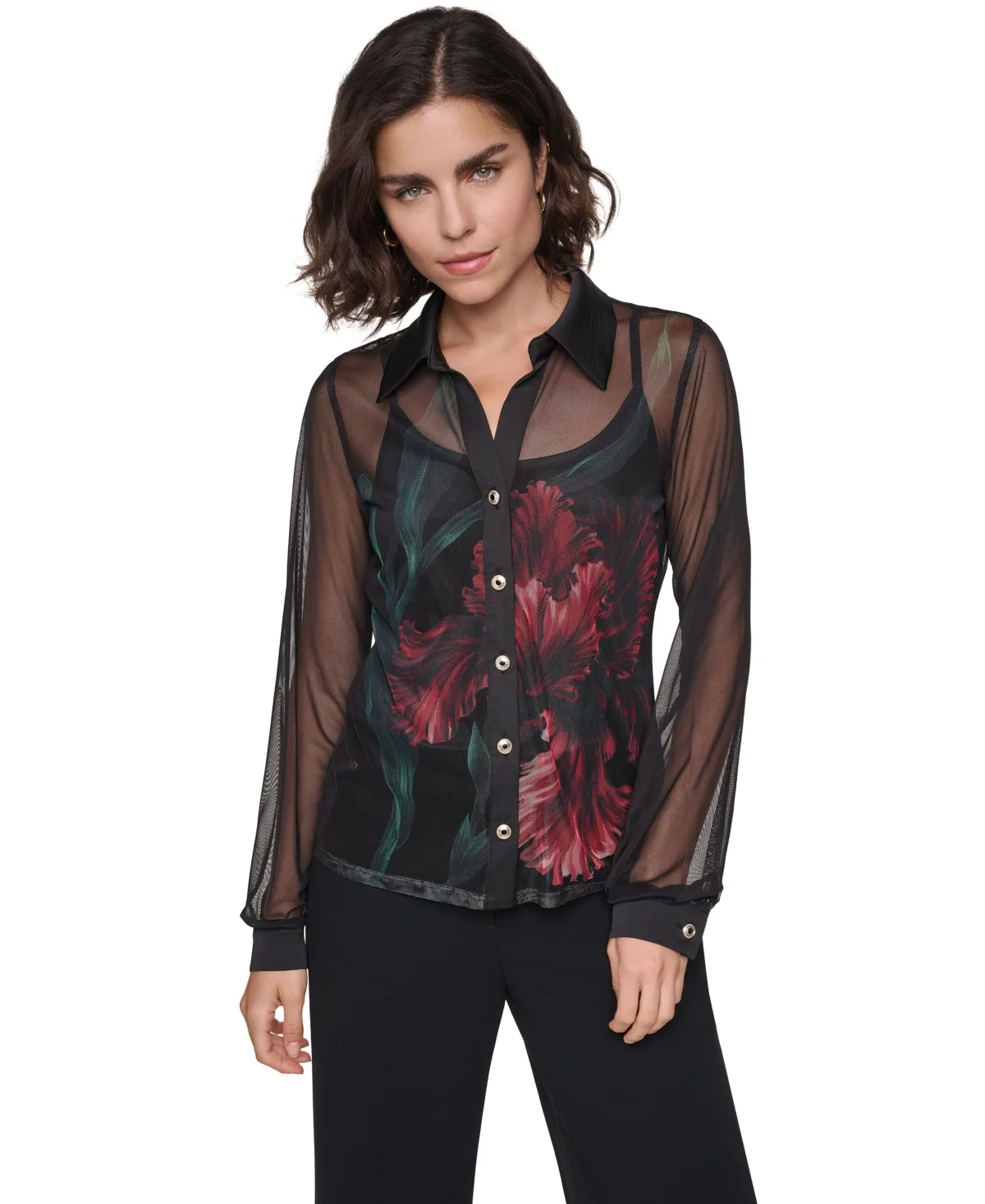 Long-Sleeve Floral Sheer Blouse by Karl Lagerfeld