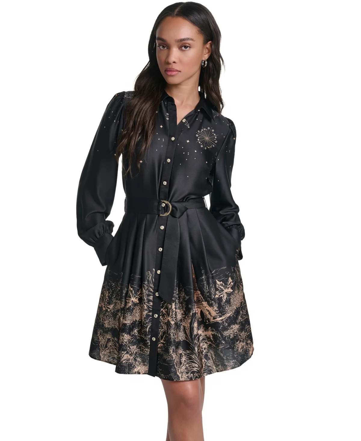 Placed-Print Satin Long-Sleeve Dress by Karl Lagerfeld