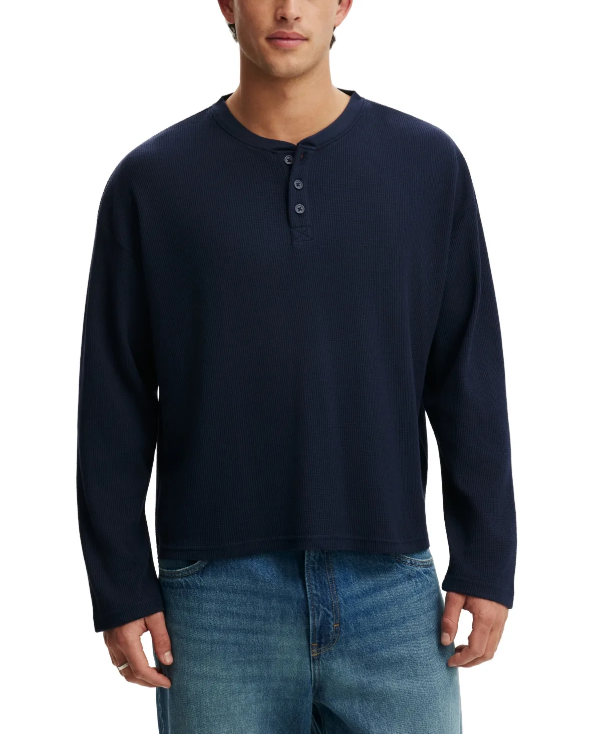 Waffle-Knit Long-Sleeve Relaxed-Fit Cotton-Blend Henley by Cotton on