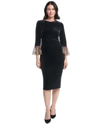 3/4 Sleeve Ruched Waist Stretch Velvet Sheath Dress by Jessica Howard