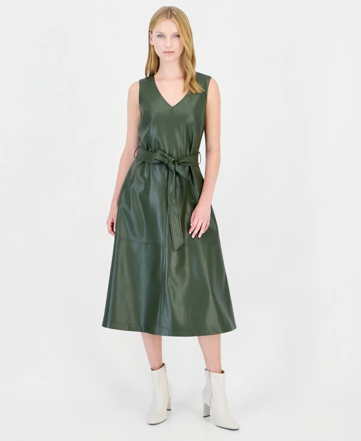 Faux Leather Tiered V-Neck Midi Dress by Tahari