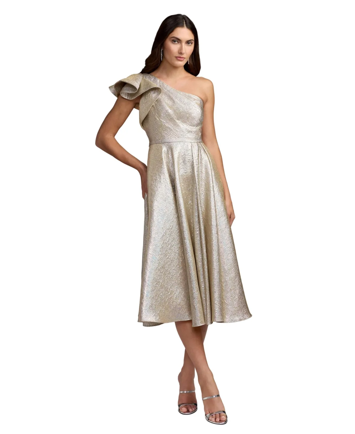 Mac Duggal One-Shoulder Ruffle Metallic Midi Dress by M.A.C.