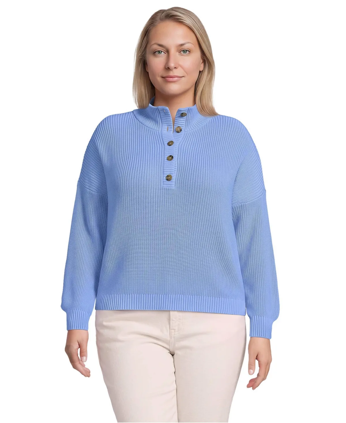 Cotton Button Up Henley Sweater by Lands' End