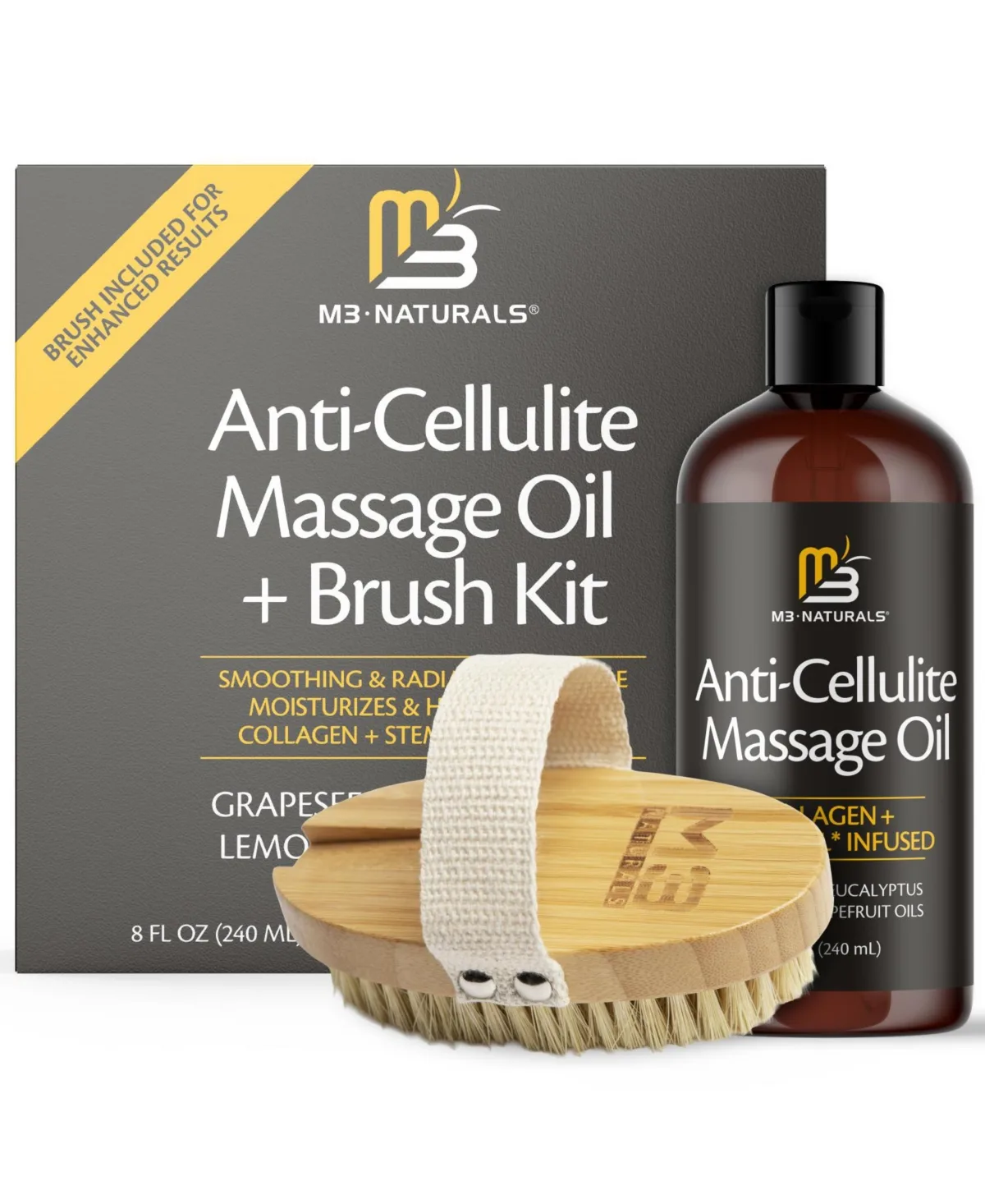 Anti Cellulite Massage Oil and Dry Brush Body Care Kit with Collagen and Stem Cell 8 Ounce Massage Oil and Body Brush by M3