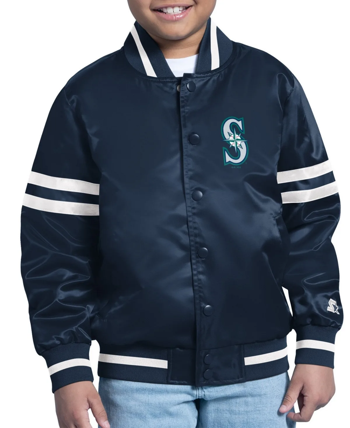 Seattle Mariners Satin Double-Stripe Bomber Jacket by Starter