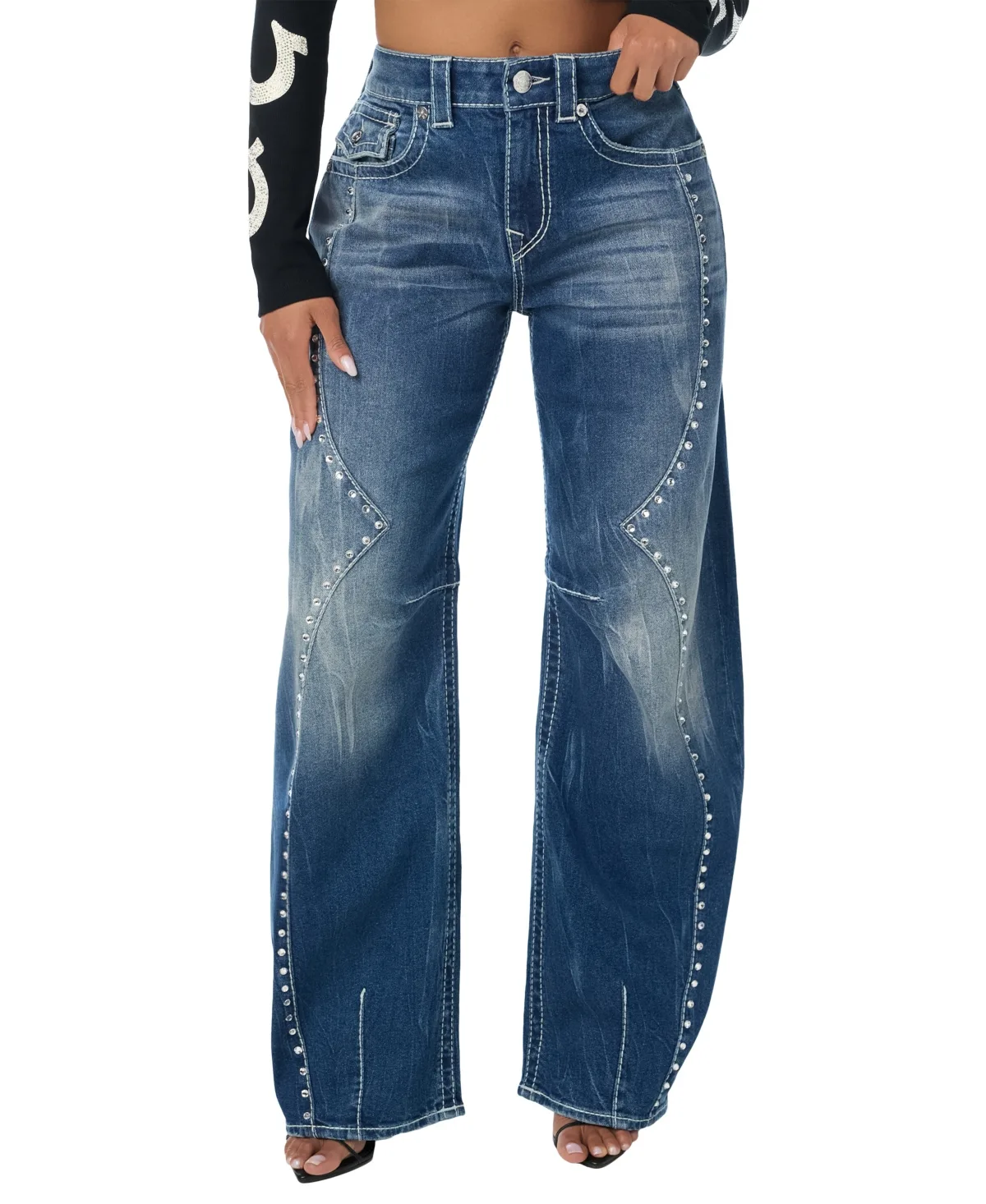 Bailey High-Rise Wide-Leg Studded Jeans by True Religion