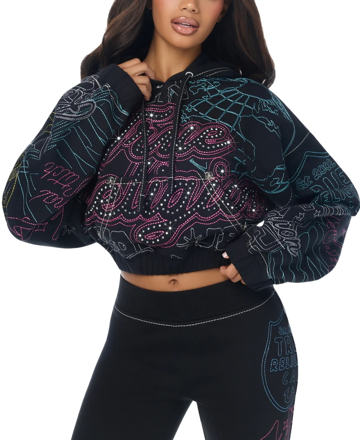 Graphic Cropped Rhinestone Cotton-Blend Hoodie by True Religion