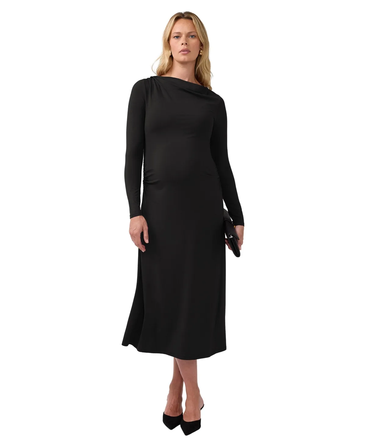 Long-Sleeve Mock-Neck Ruched Midi Dress by Ingrid  Isabel