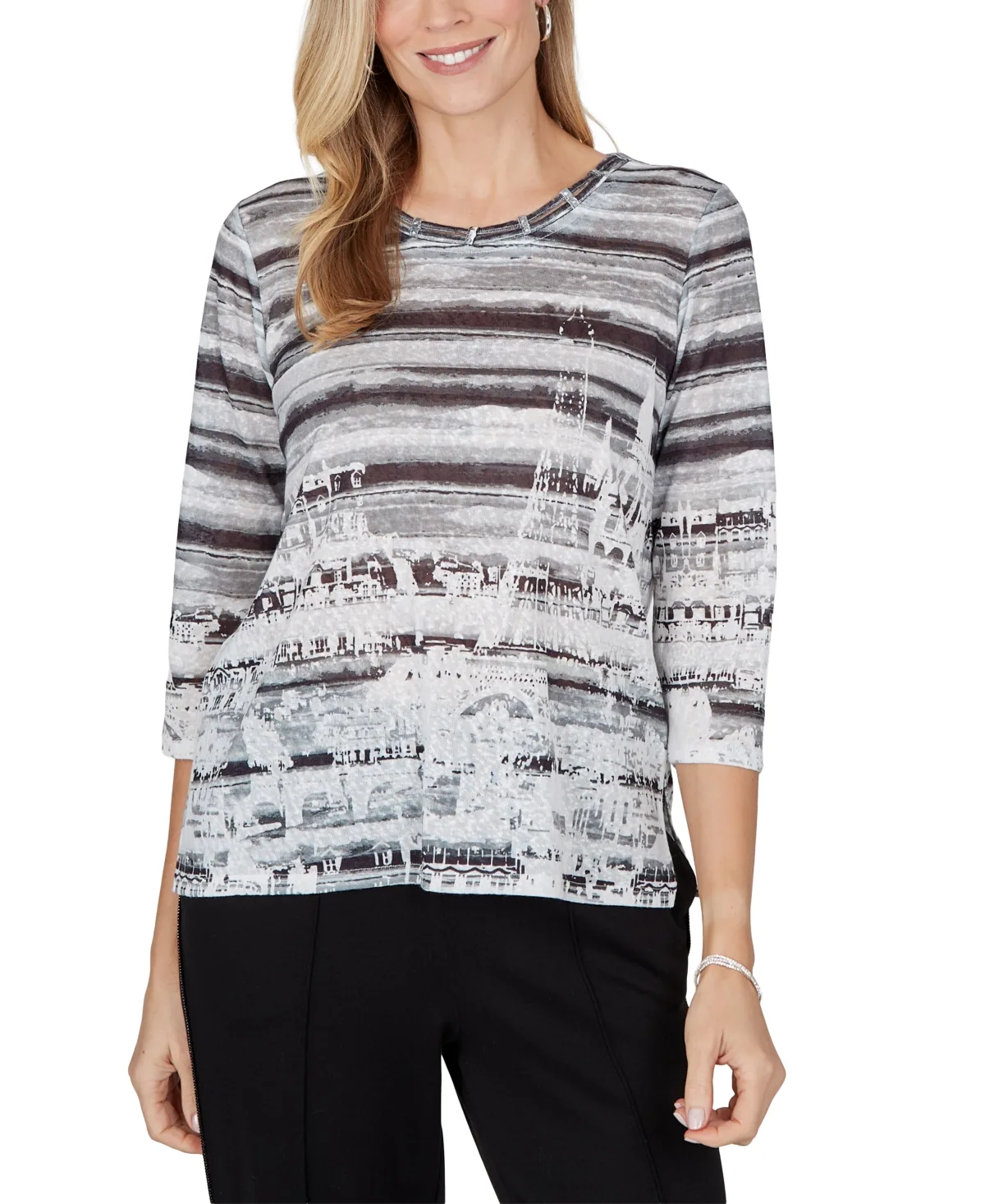3/4-Sleeve Crewneck Side-Slit Blouse by Alfred Dunner