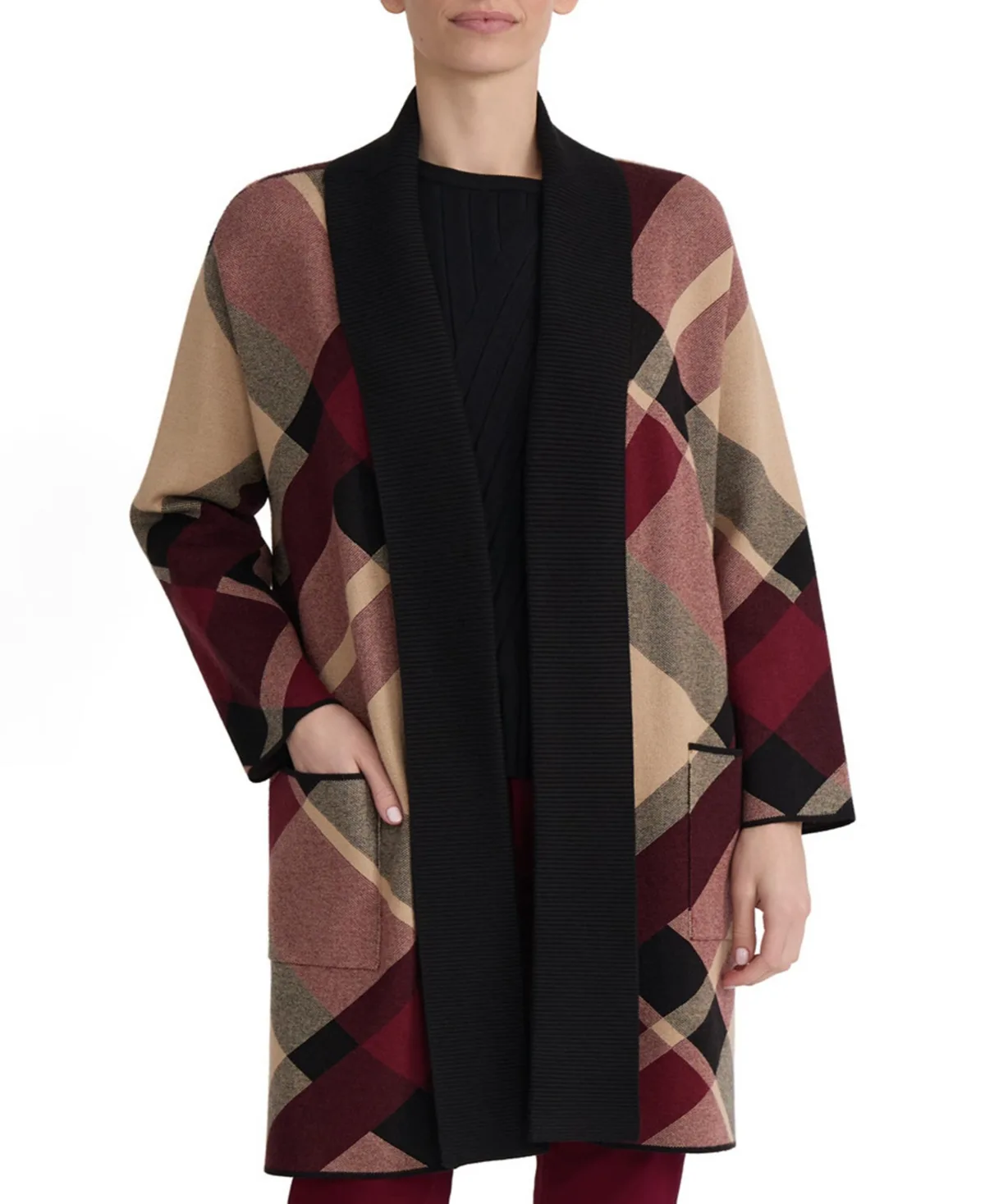 Plaid Turnback Collar Cardigan by Jones New York