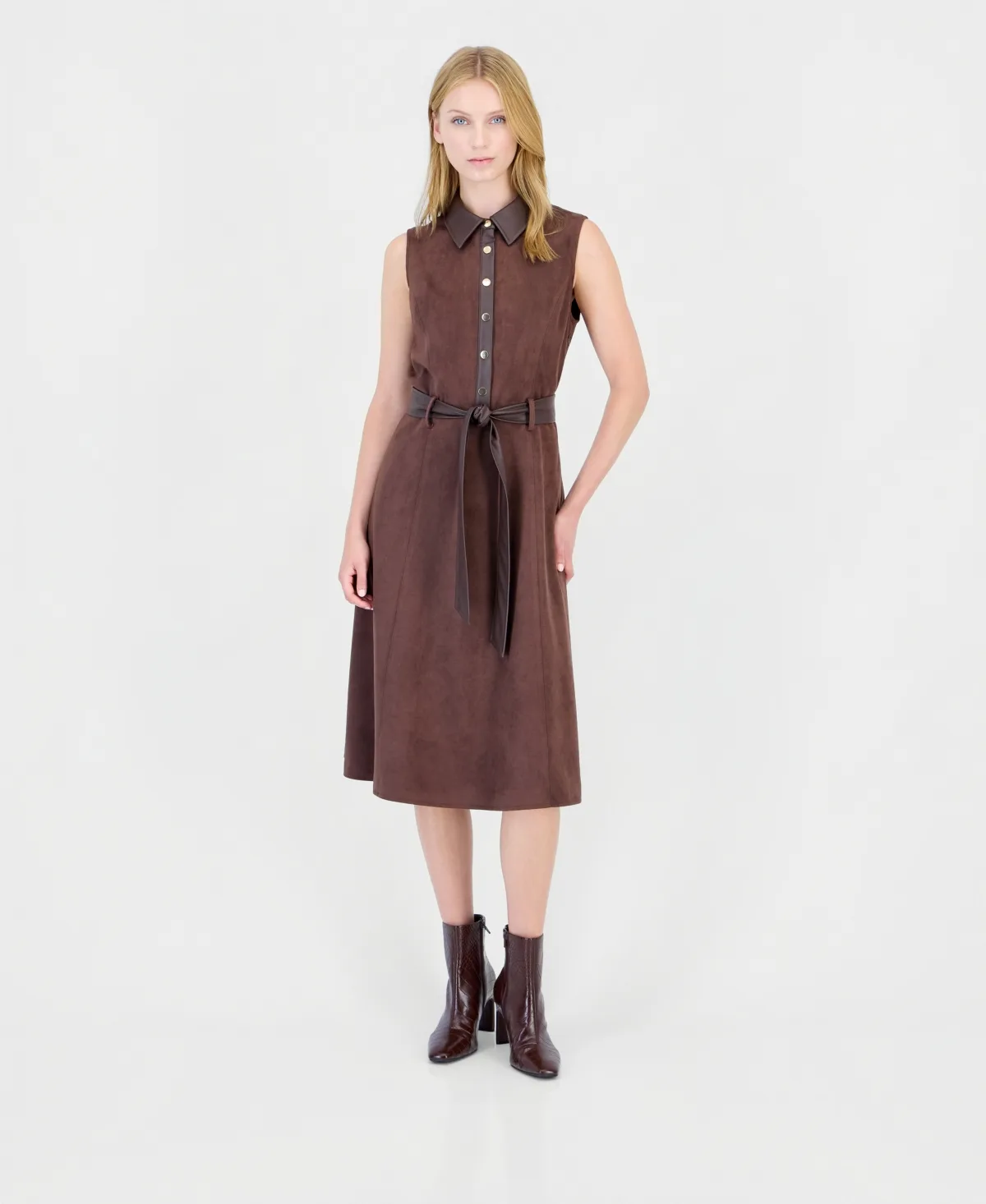 Fit-and-Flare Collared Sleeveless Faux Suede Midi Dress