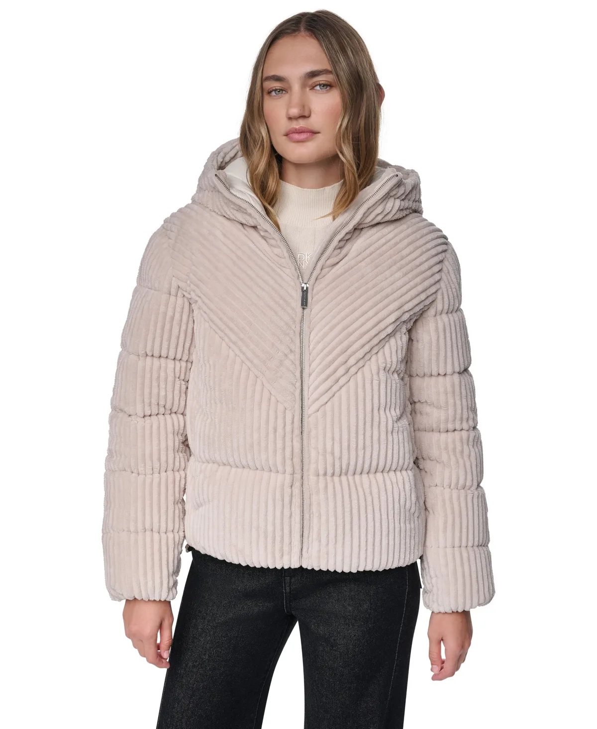 Jeans Hooded Corduroy Puffer Jacket by DKNY