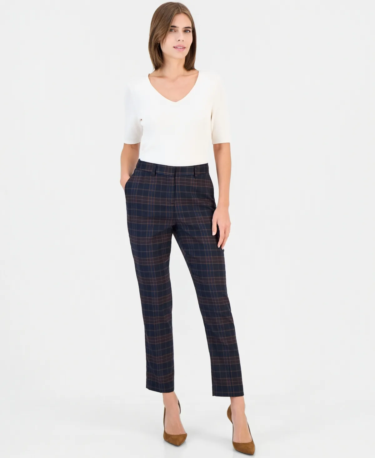 Plaid Slim Fit Straight Pants by Tahari