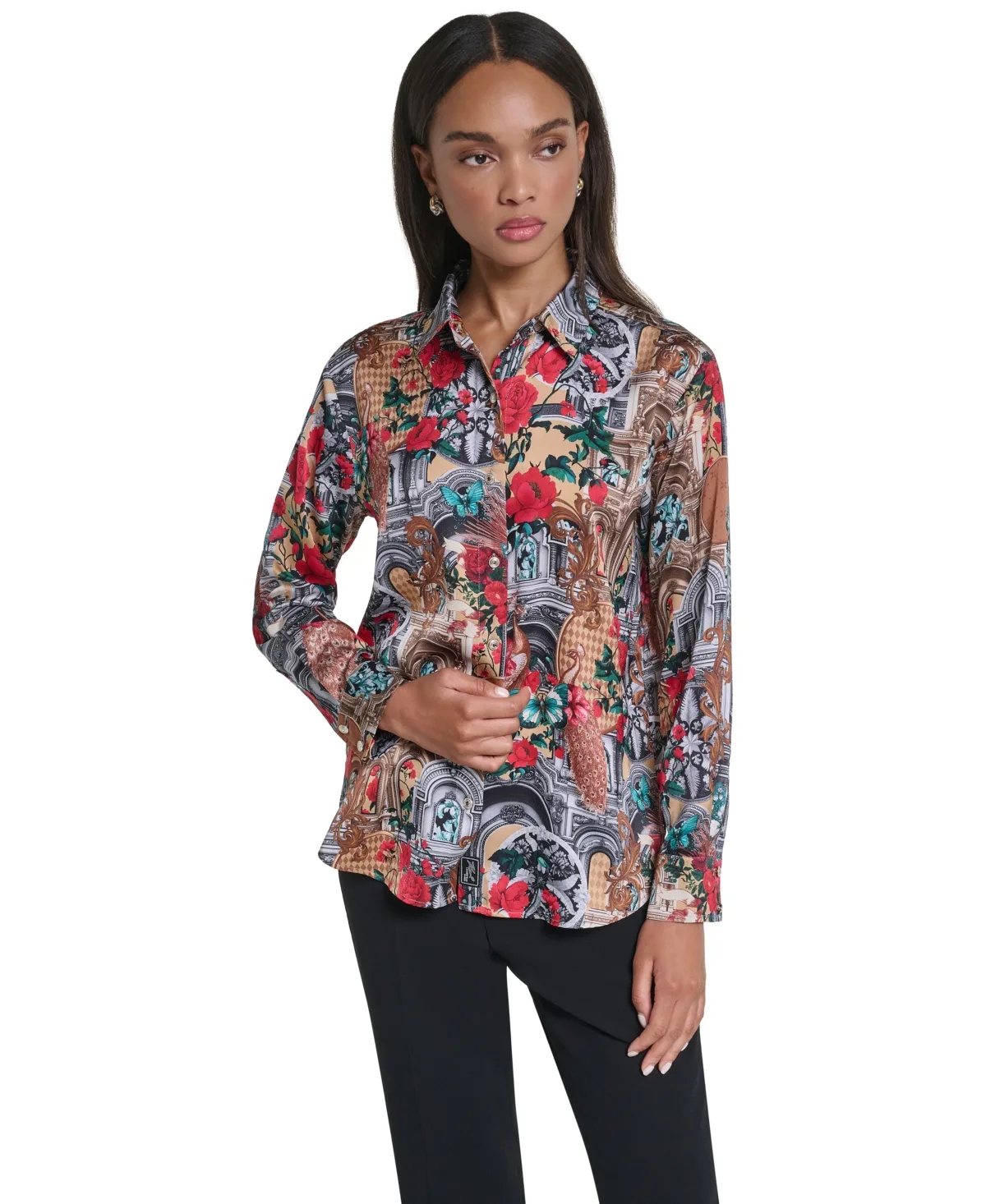 Button Front Long Sleeve Satin Blouse by Karl Lagerfeld