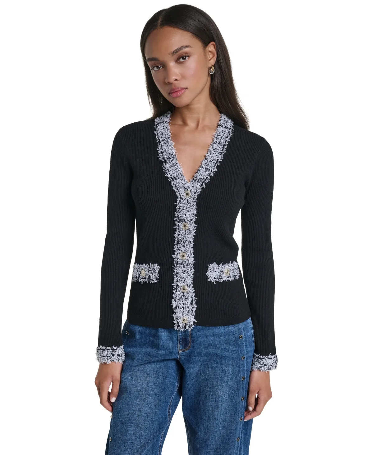 Fancy Trim V-Neck Long-Sleeve Cardigan Sweater by Karl Lagerfeld