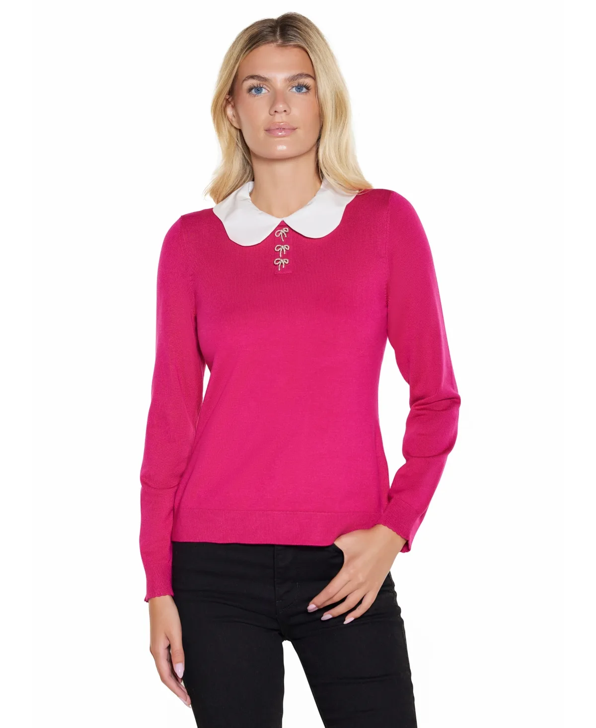 Scalloped Keyhole-Back Long-Sleeve Rayon-Blend Pullover Sweater
