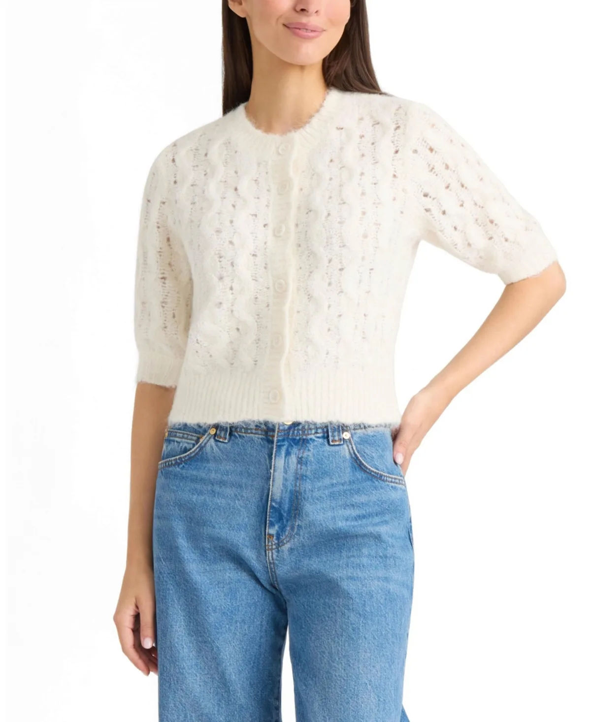 Cable Knit and Pointelle Short Sleeve Cardigan by Ellen Tracy