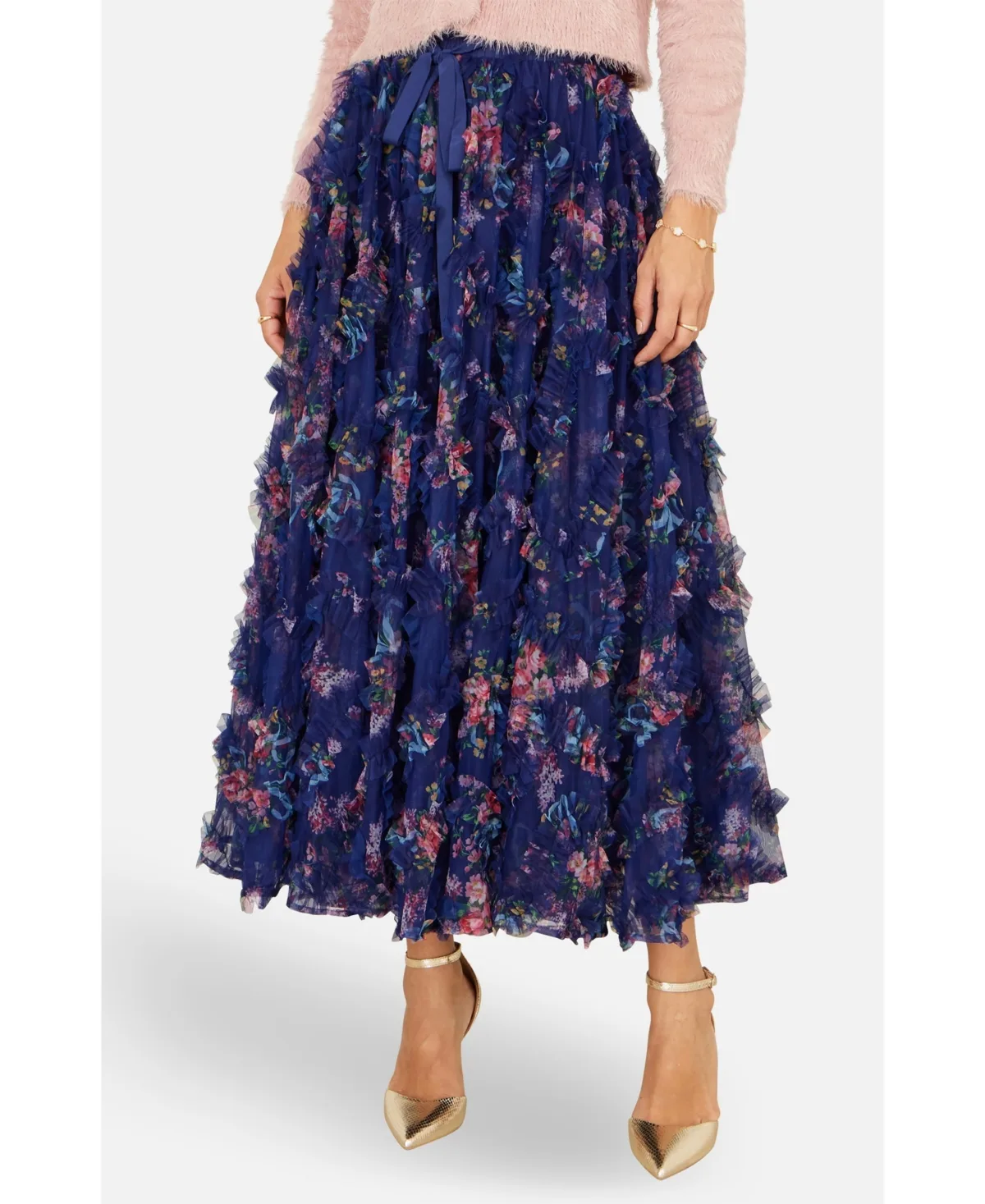 Floral Ruffle Mesh Midi Skirt by Yumi