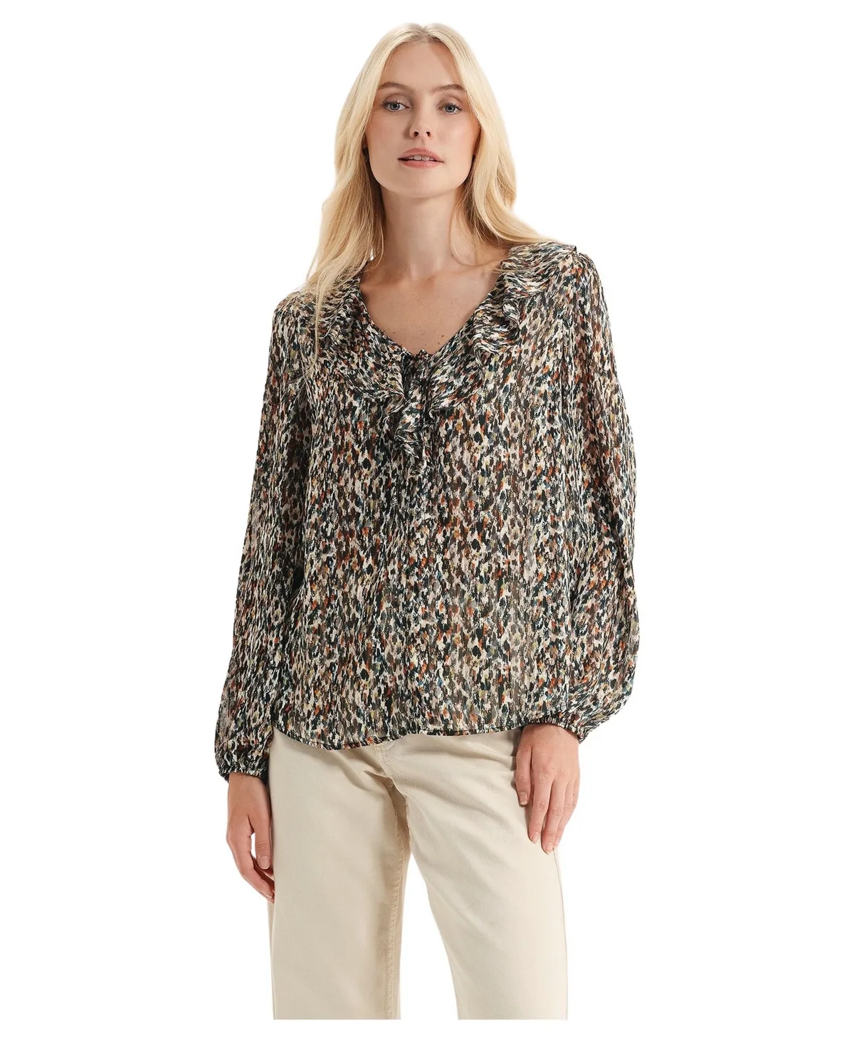 Trinity Printed V-Neck Long-Sleeve Chiffon Blouse by Finery London