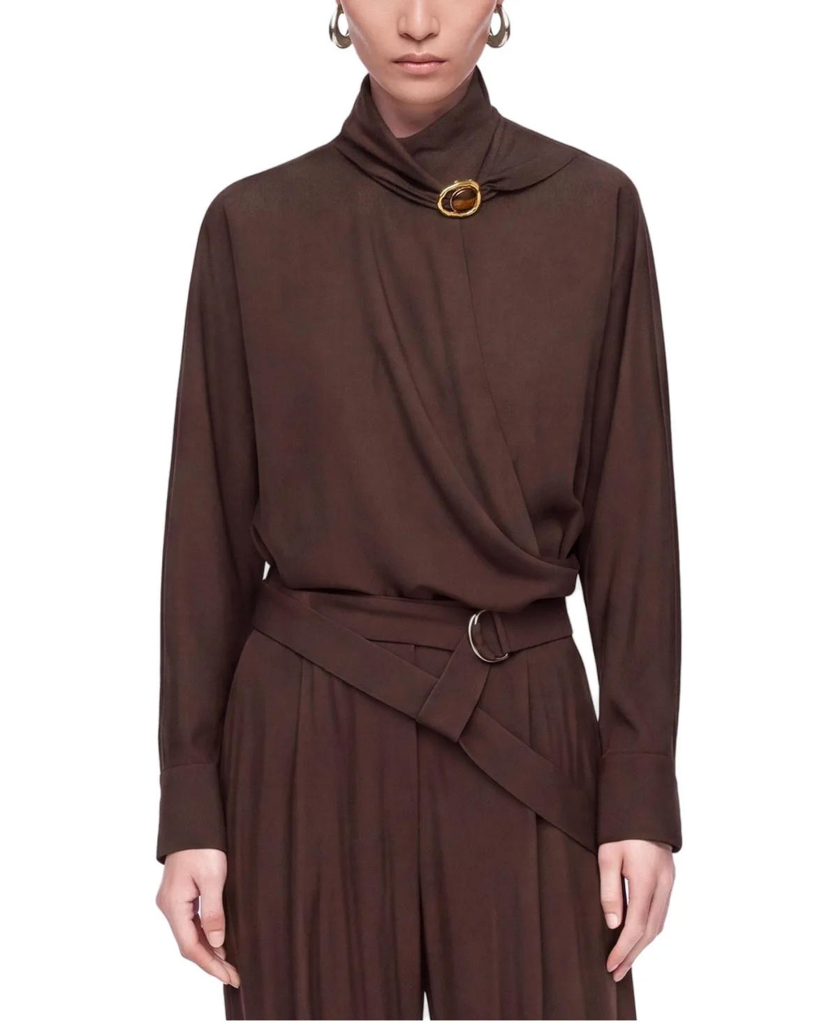 Stone-Accessory Stand-Collar Long-Sleeve Blouse by Nocturne