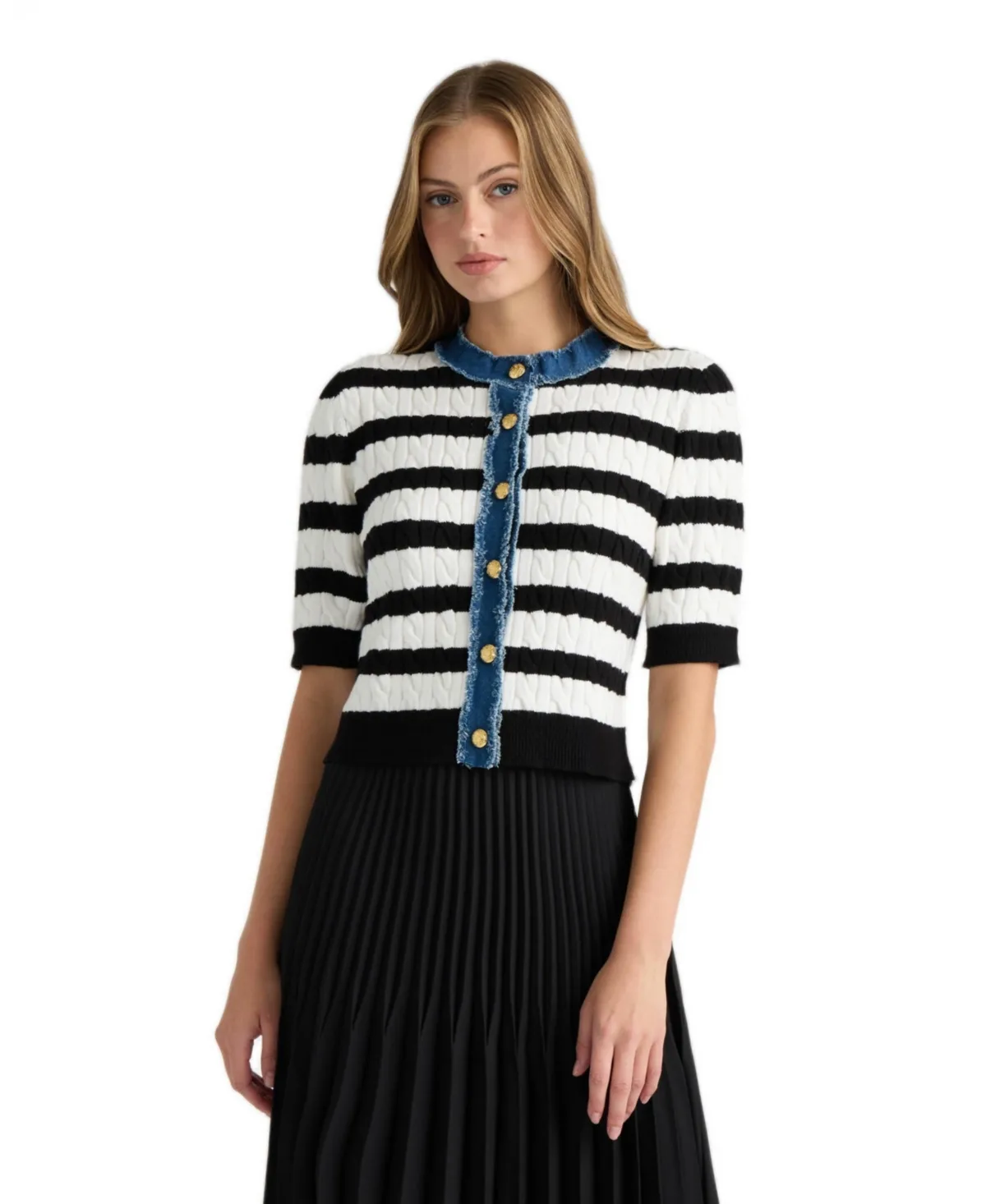 Short Sleeve Cable Sweater with Denim Trim by Macy's