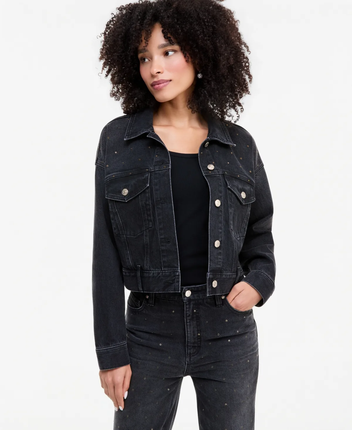 Embellished Stud Cropped Trucker Denim Jacket by INC International Concepts