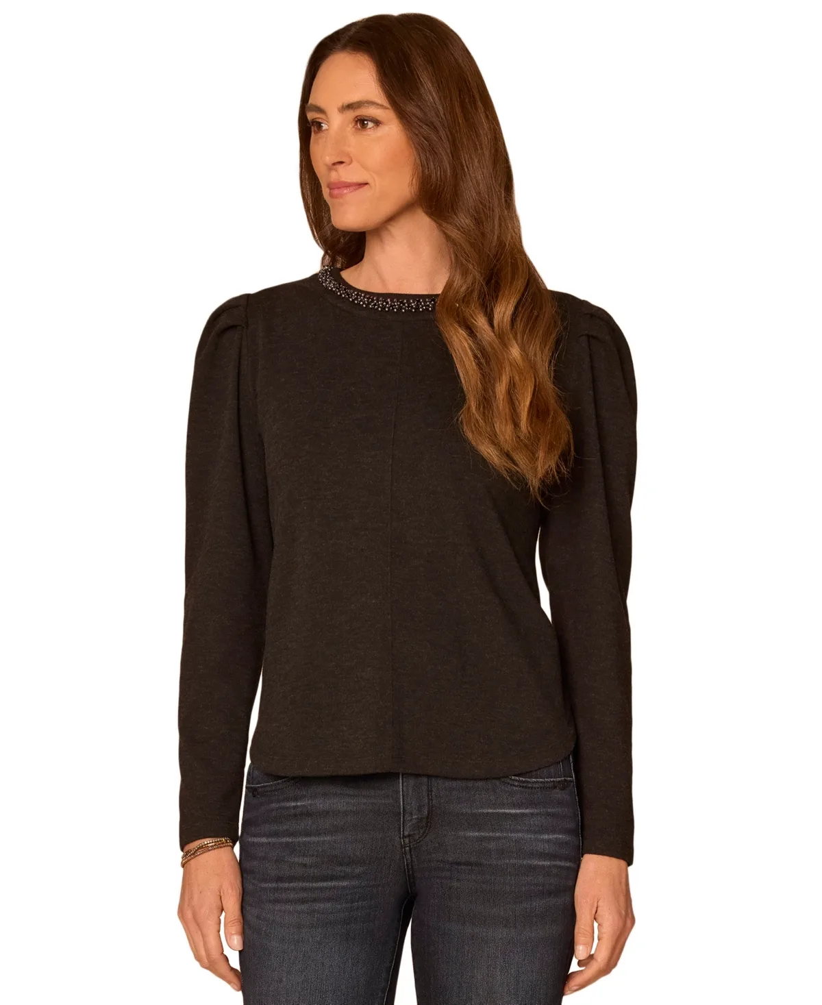 Long-Sleeve Rhinestone Scoop-Neck Blouse