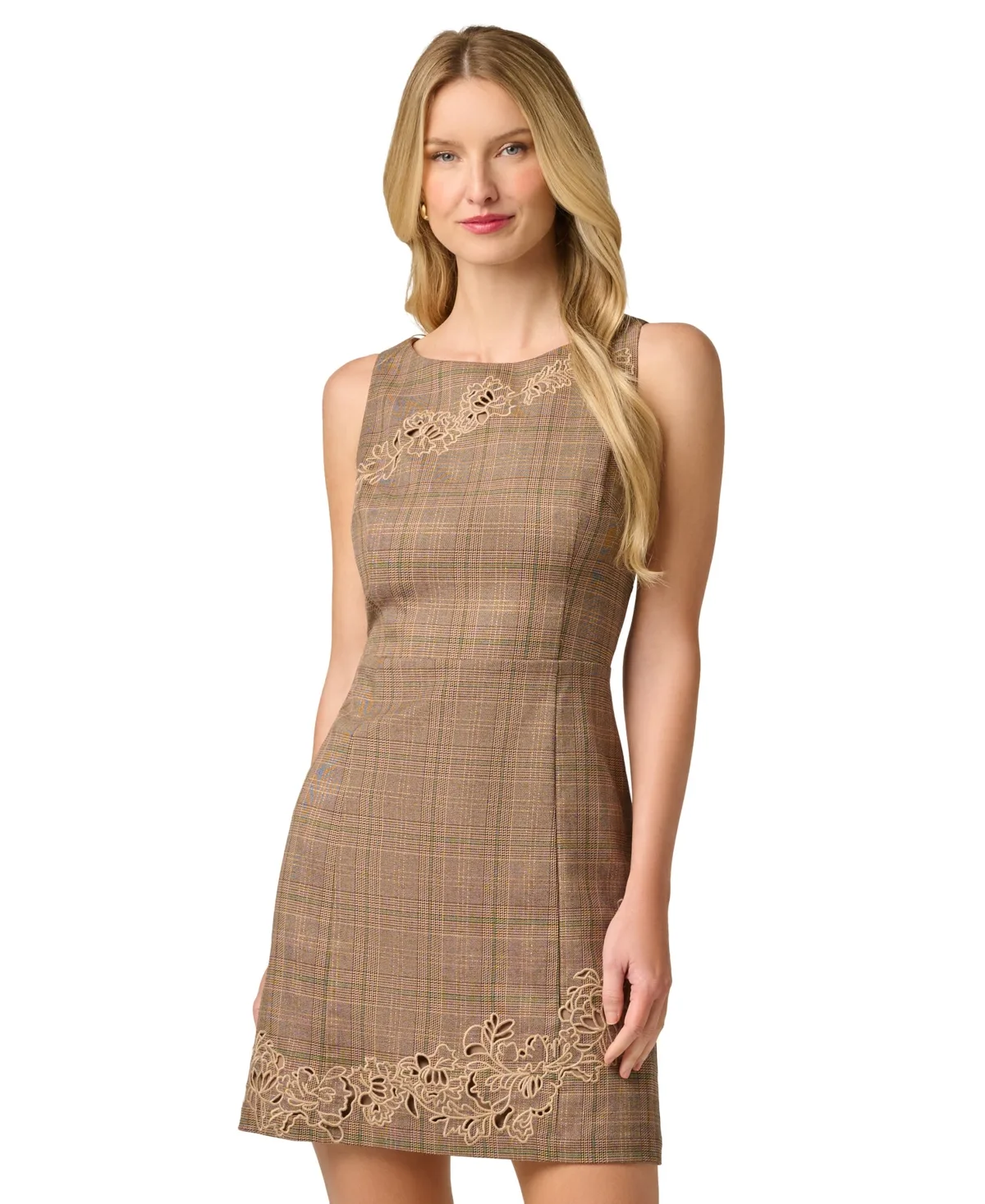 Metallic Plaid Floral Embroidered Short Dress by Adrianna Papell