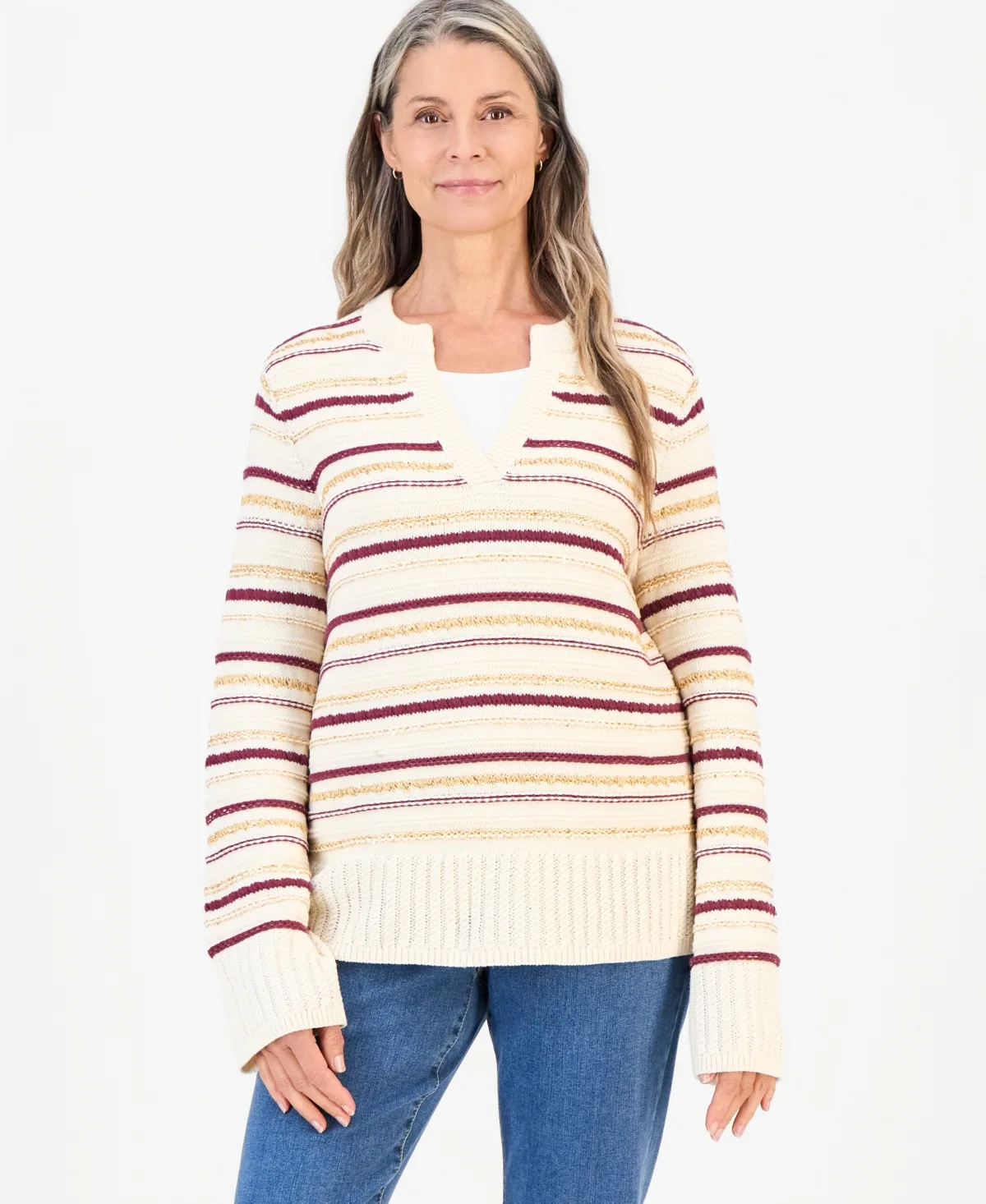 Sequin Split-Neck Striped Sweater by Style & Co