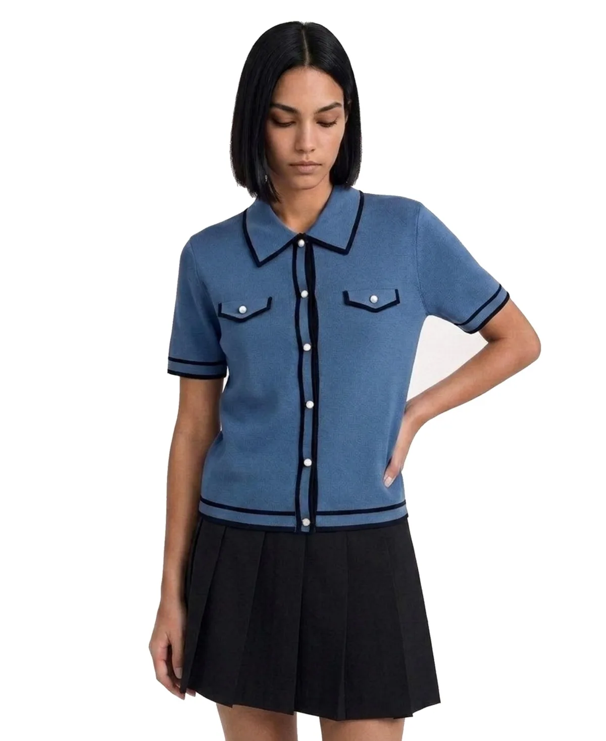 Faux Pearl Button Up Cropped Polo by Jason Wu