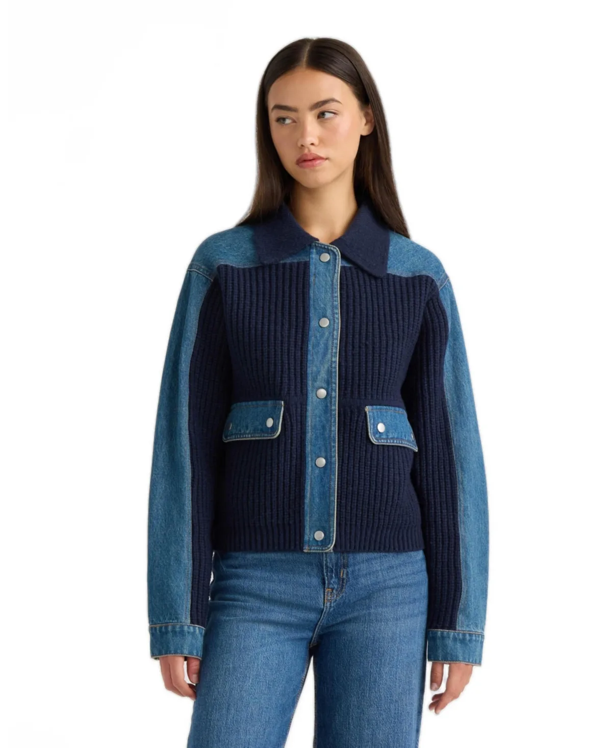 Denim Trim Long-Sleeve Sweater Jacket by Nvlt
