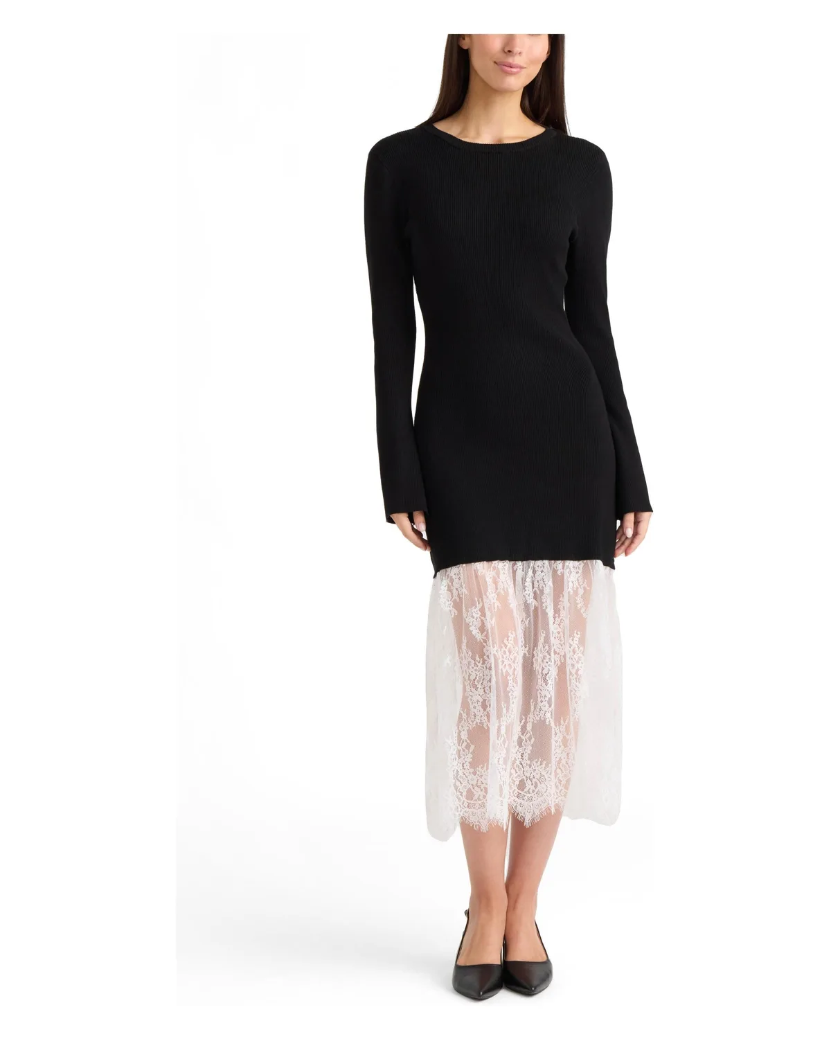 Sheer-Lace Long-Flared-Sleeve Sweater Dress