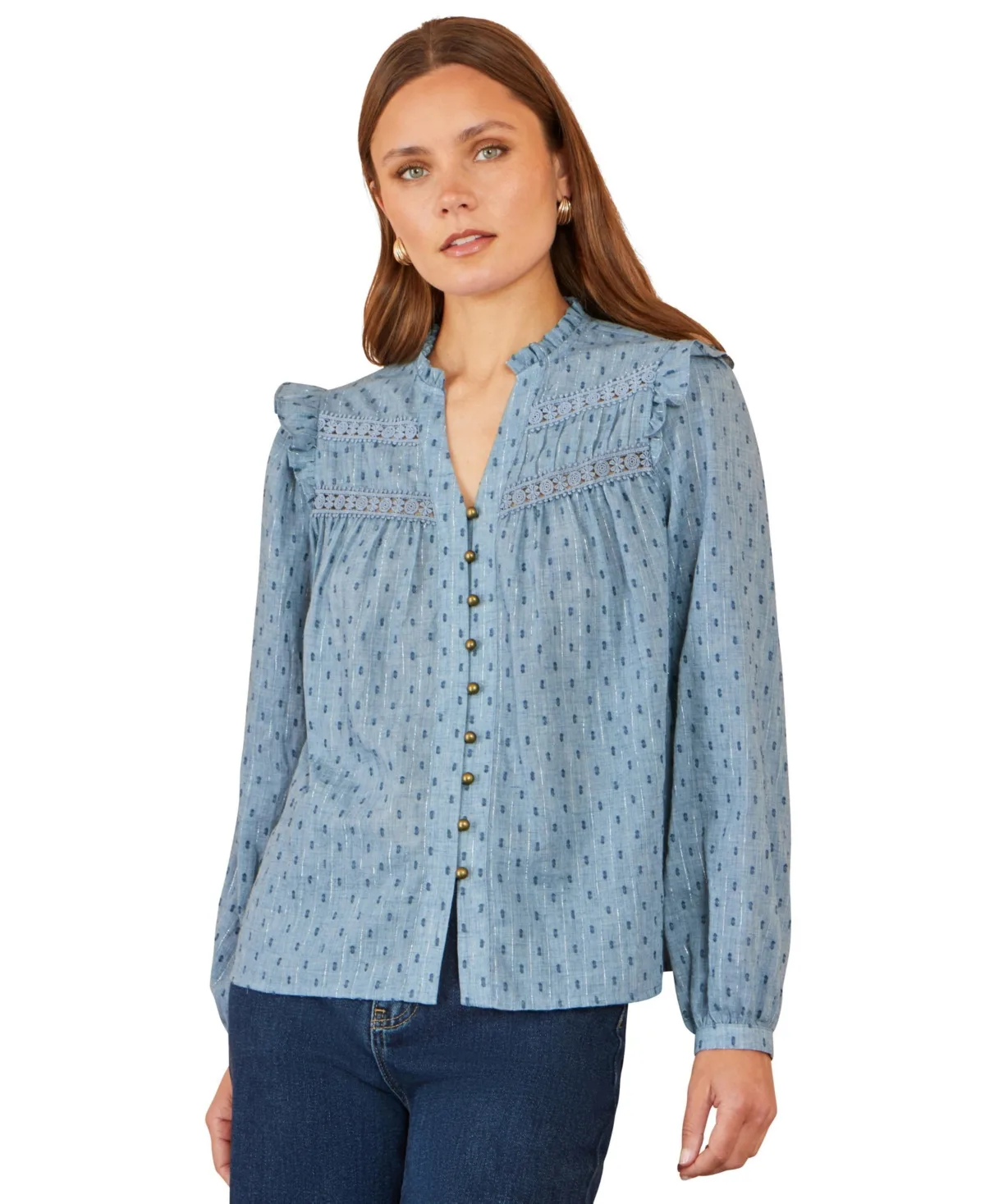 Long-Sleeve Mandarin Collar Lace Detail Blouse