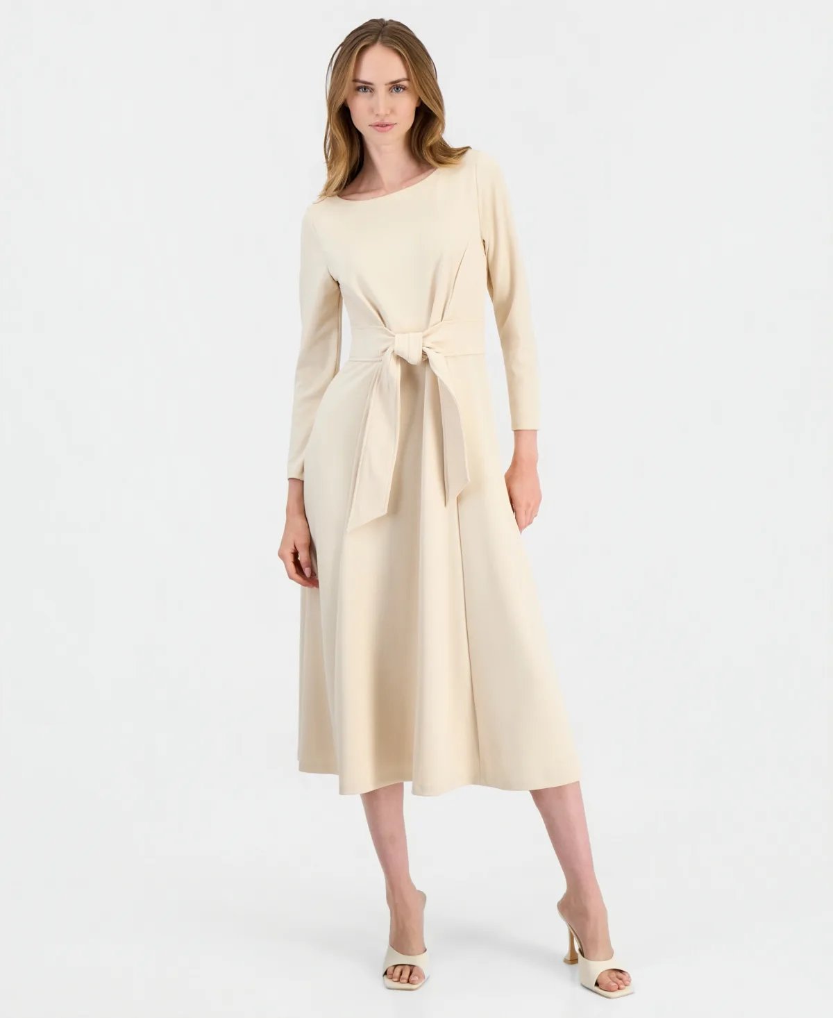 Boat-Neck Tie-Waist A-Line Midi Dress by Anne Klein