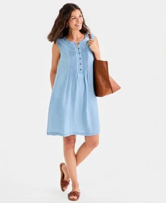 Chambray Sleeveless Pintuck Dress