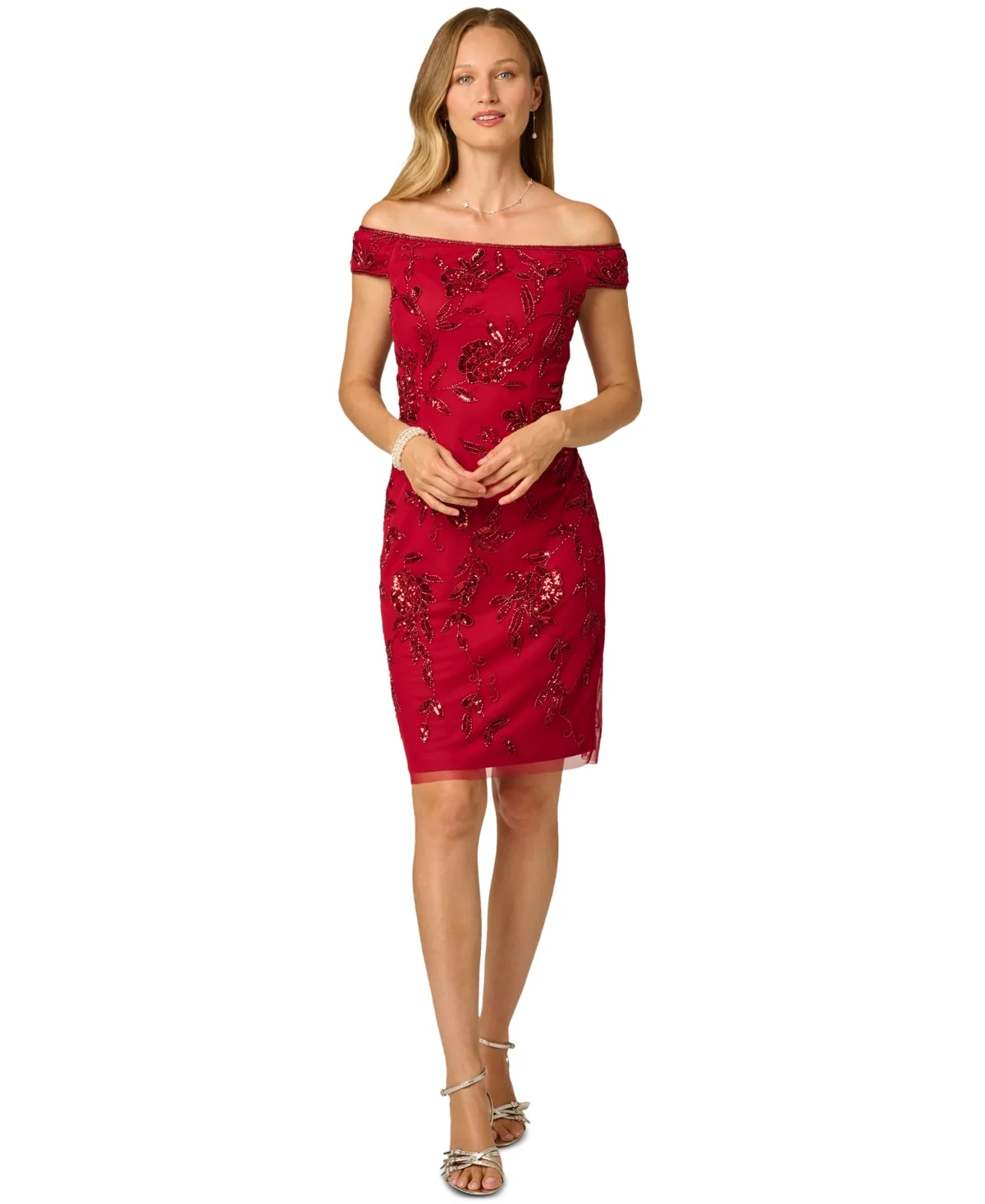Off-the-Shoulder Beaded Short-Sleeve Dress by Adrianna Papell