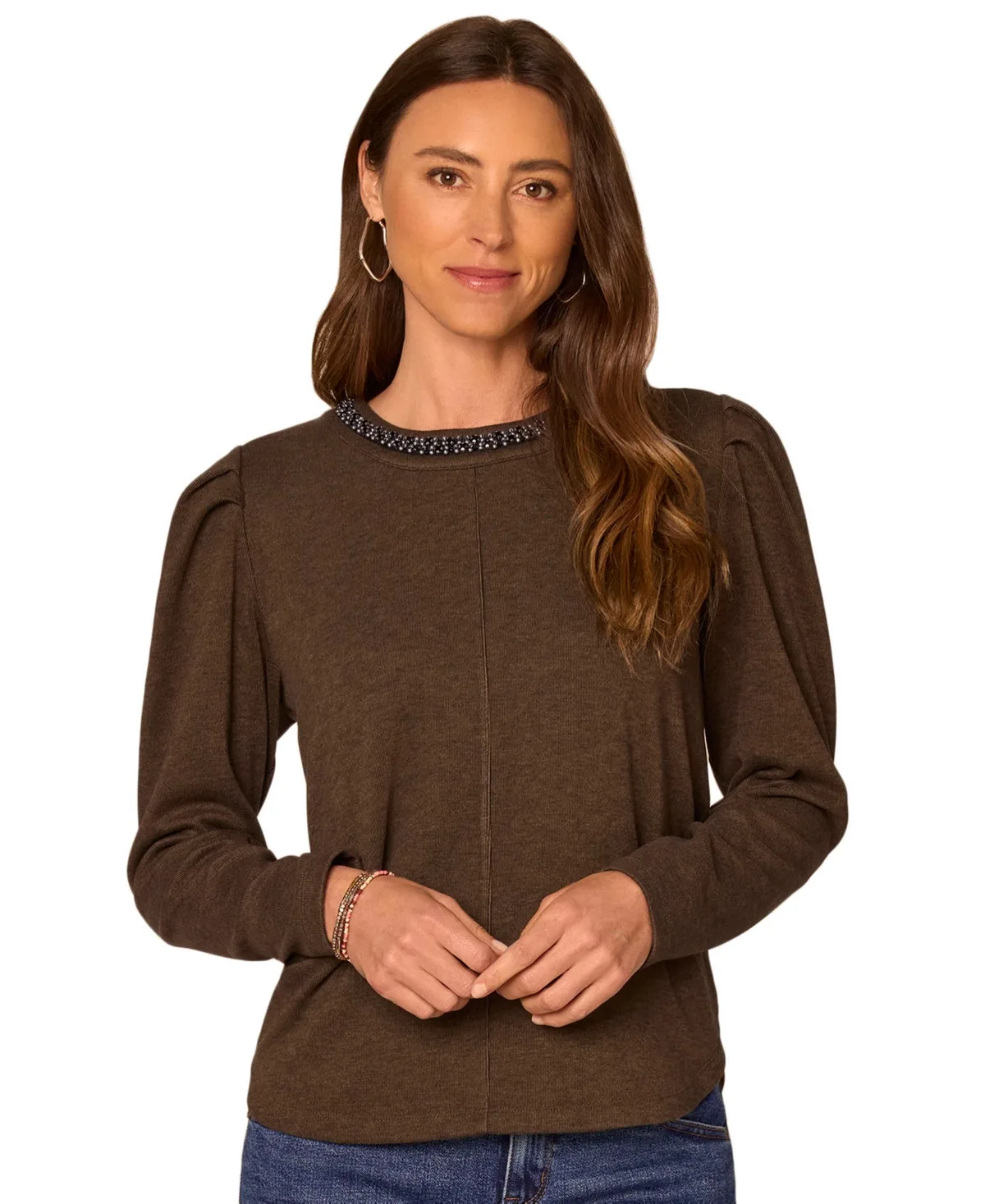 Long-Sleeve Rhinestone Scoop-Neck Blouse