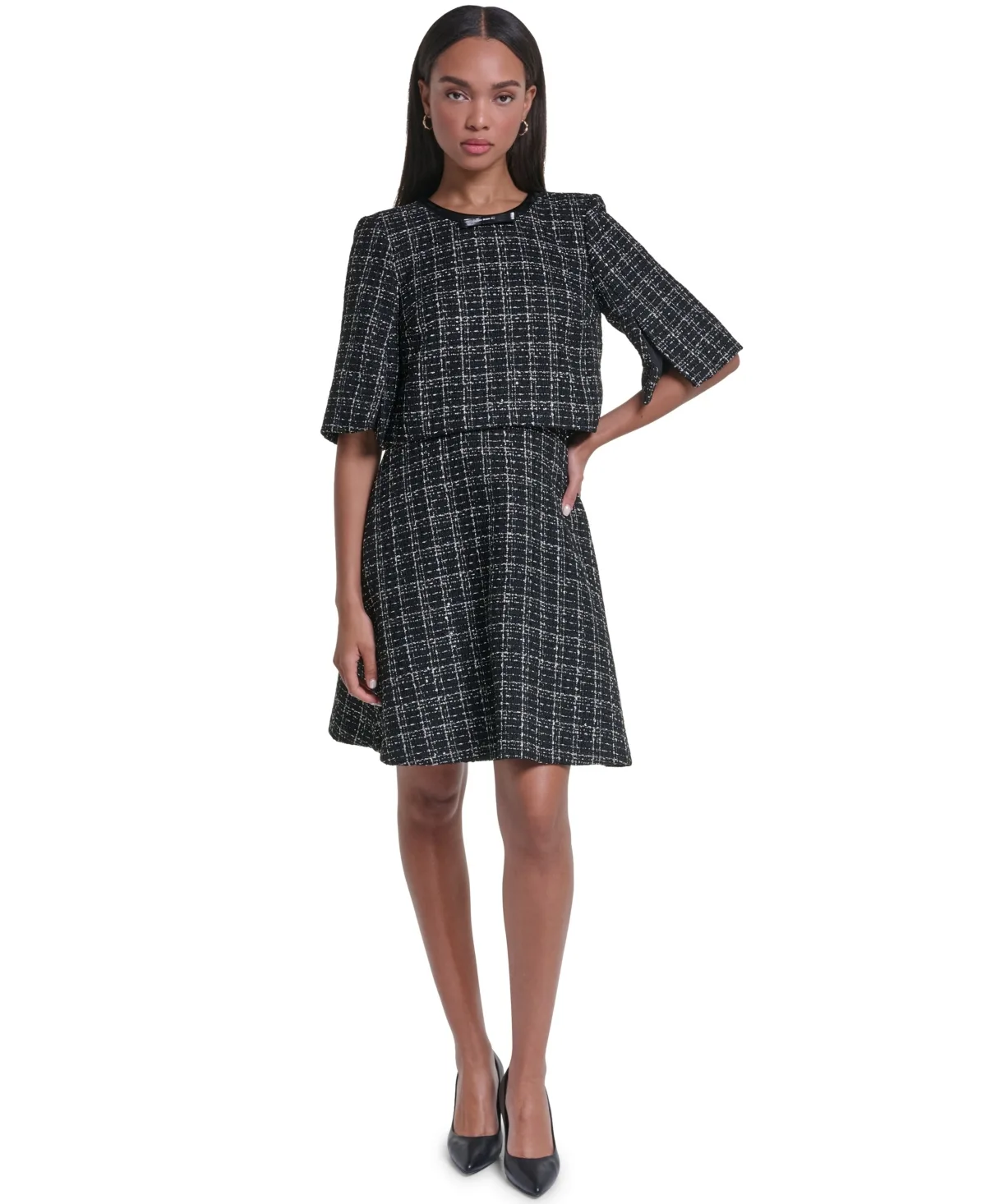 Plaid Tweed Short-Sleeve Dress