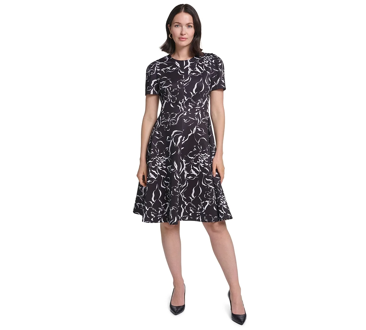 Short-Sleeve Floral-Print Fit & Flare Midi Dress by Calvin Klein