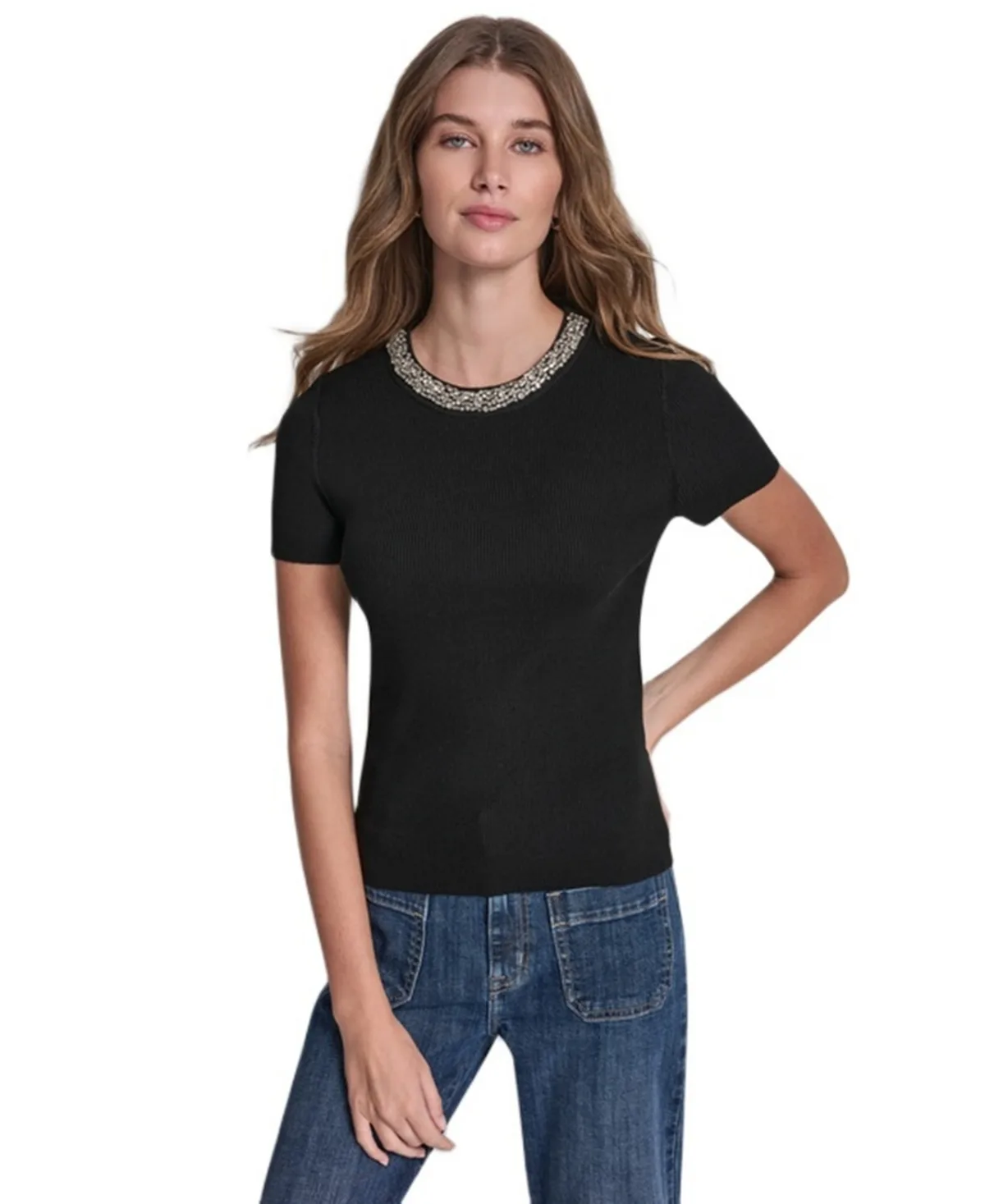 Jeans Embellished Ribbed-Knit Short-Sleeve Crewneck Sweater by DKNY