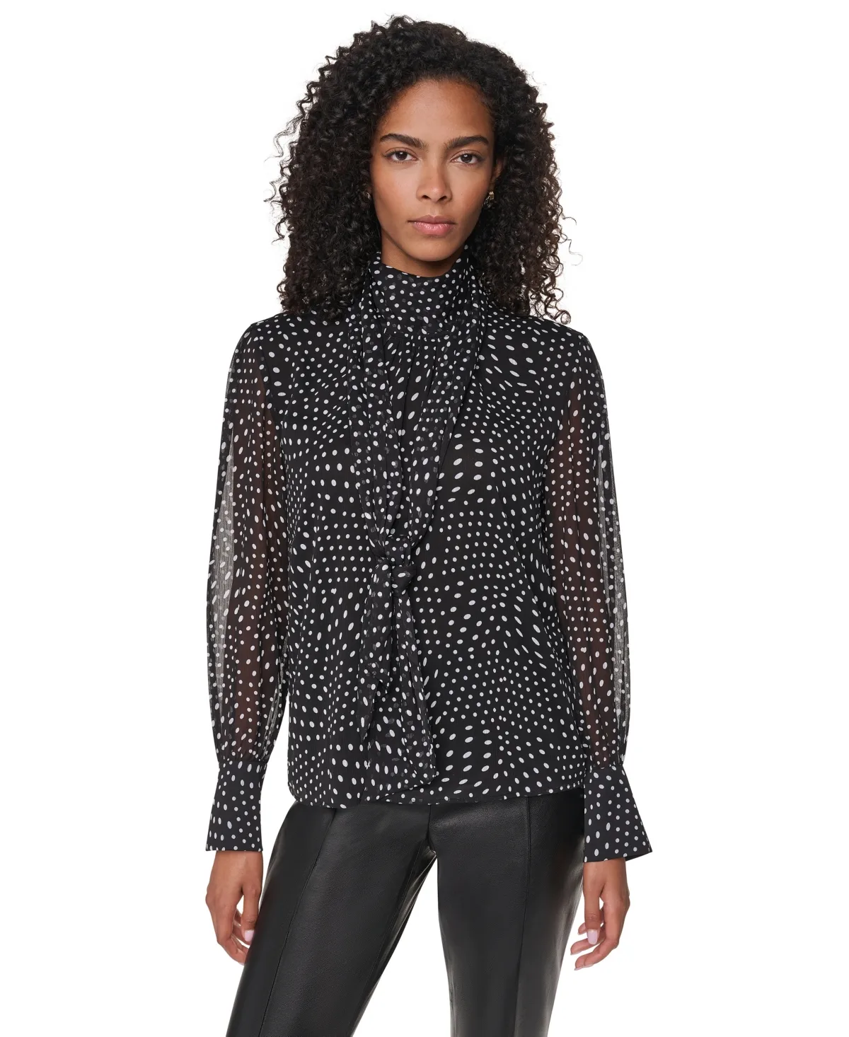 Mock Neck Long Sleeve Polka Dots Blouse by DKNY