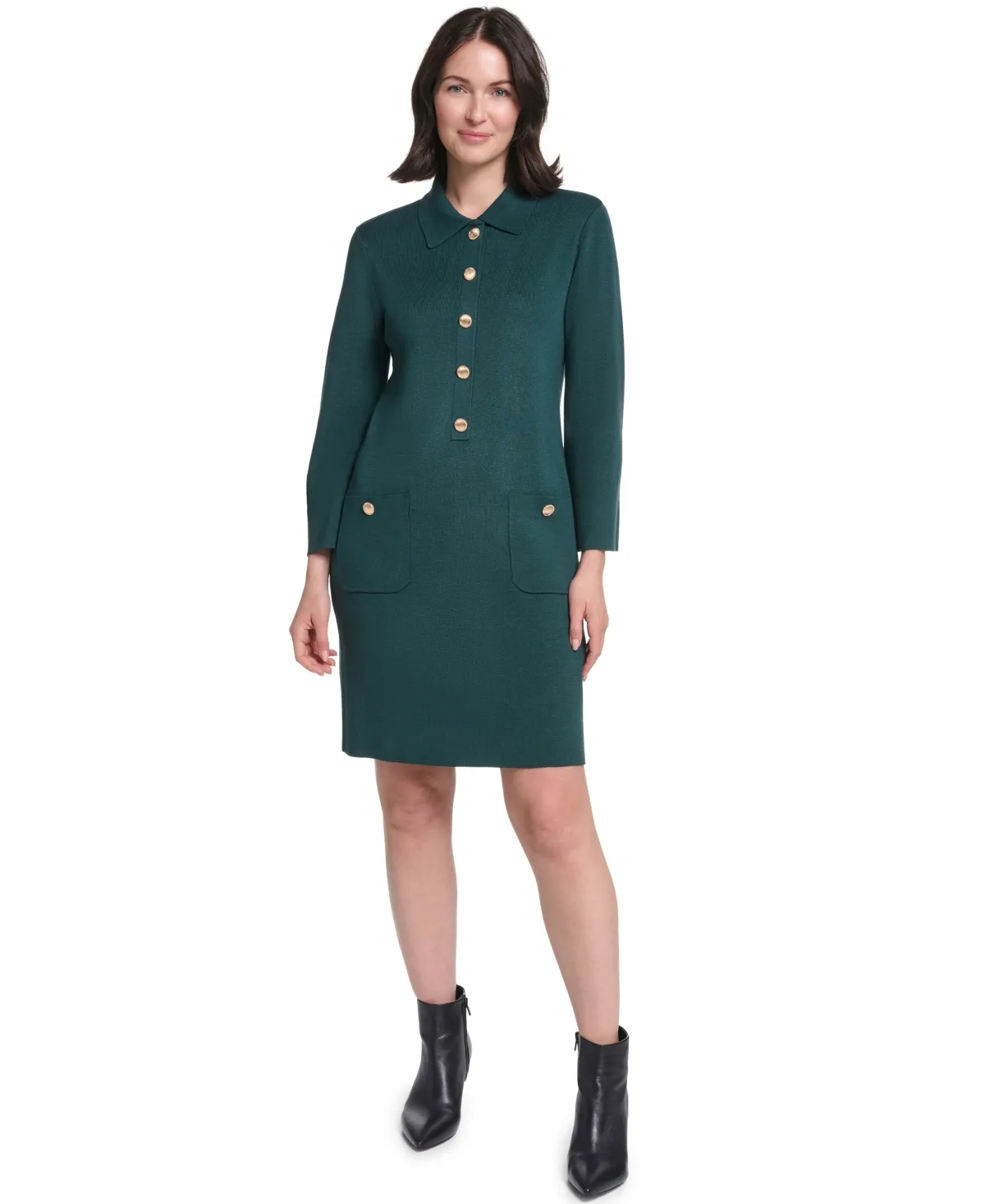 Collared Button-Front Long-Sleeve Midi Dress